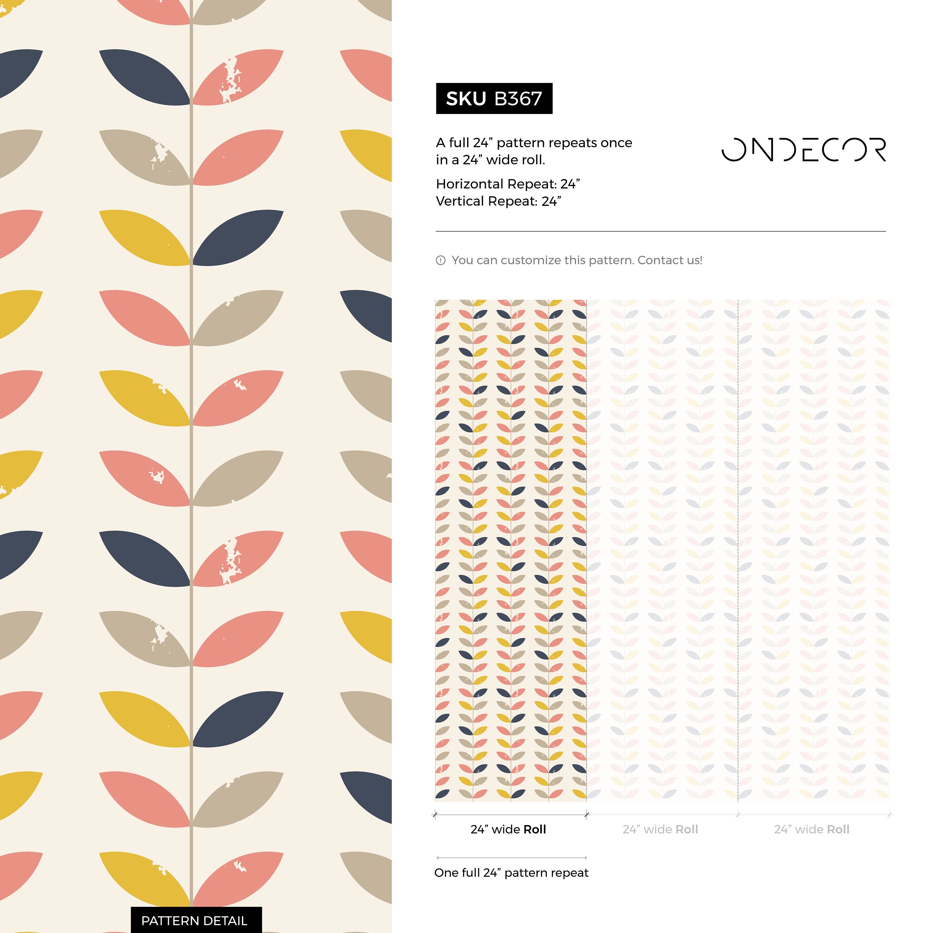 Geometric Wallpaper Featuring Stylized Leaf Vines In Pink, Yellow, And Blue - B367