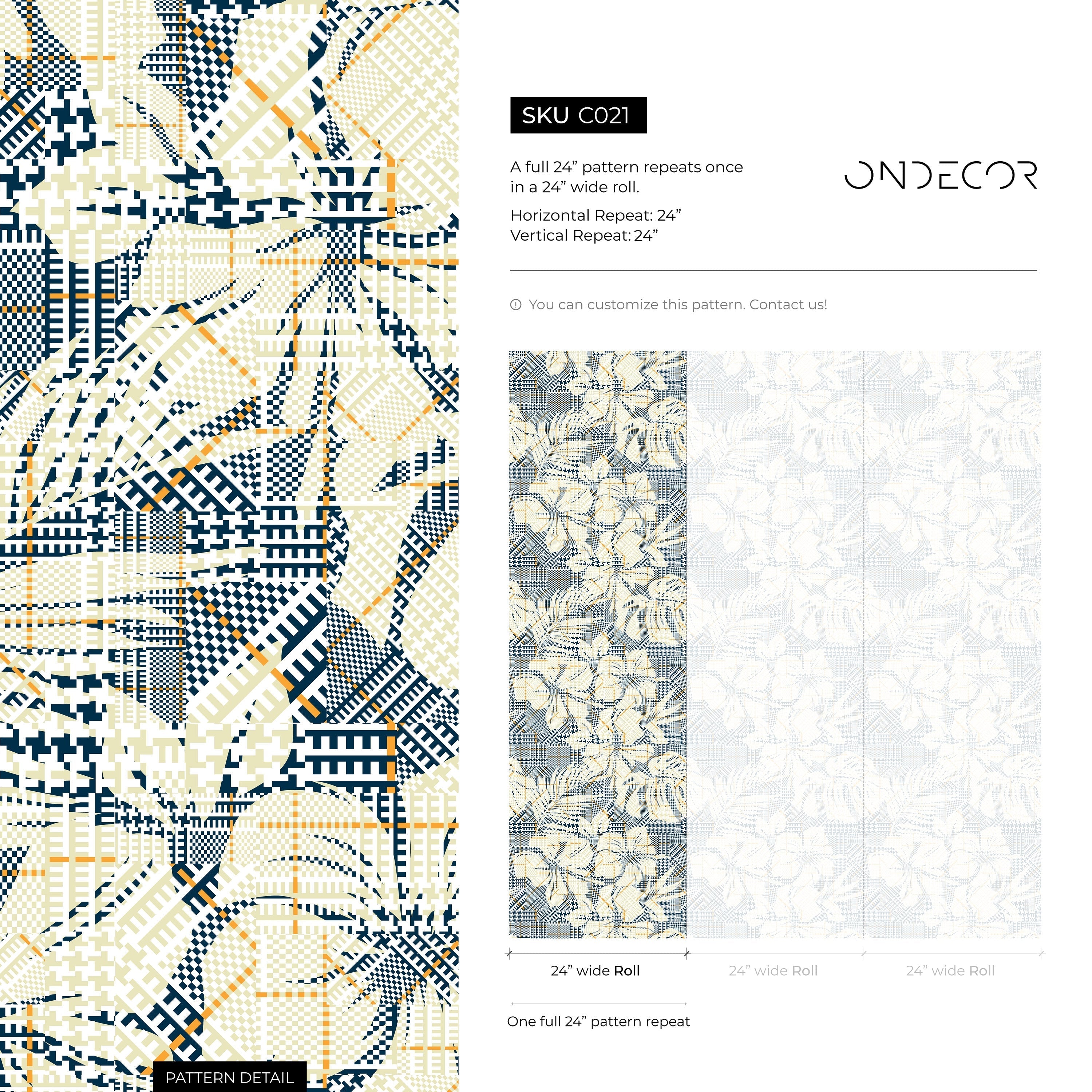 Botanical Wallpaper With Geometric Patchwork In Navy Blue, Cream, And Yellow - C021
