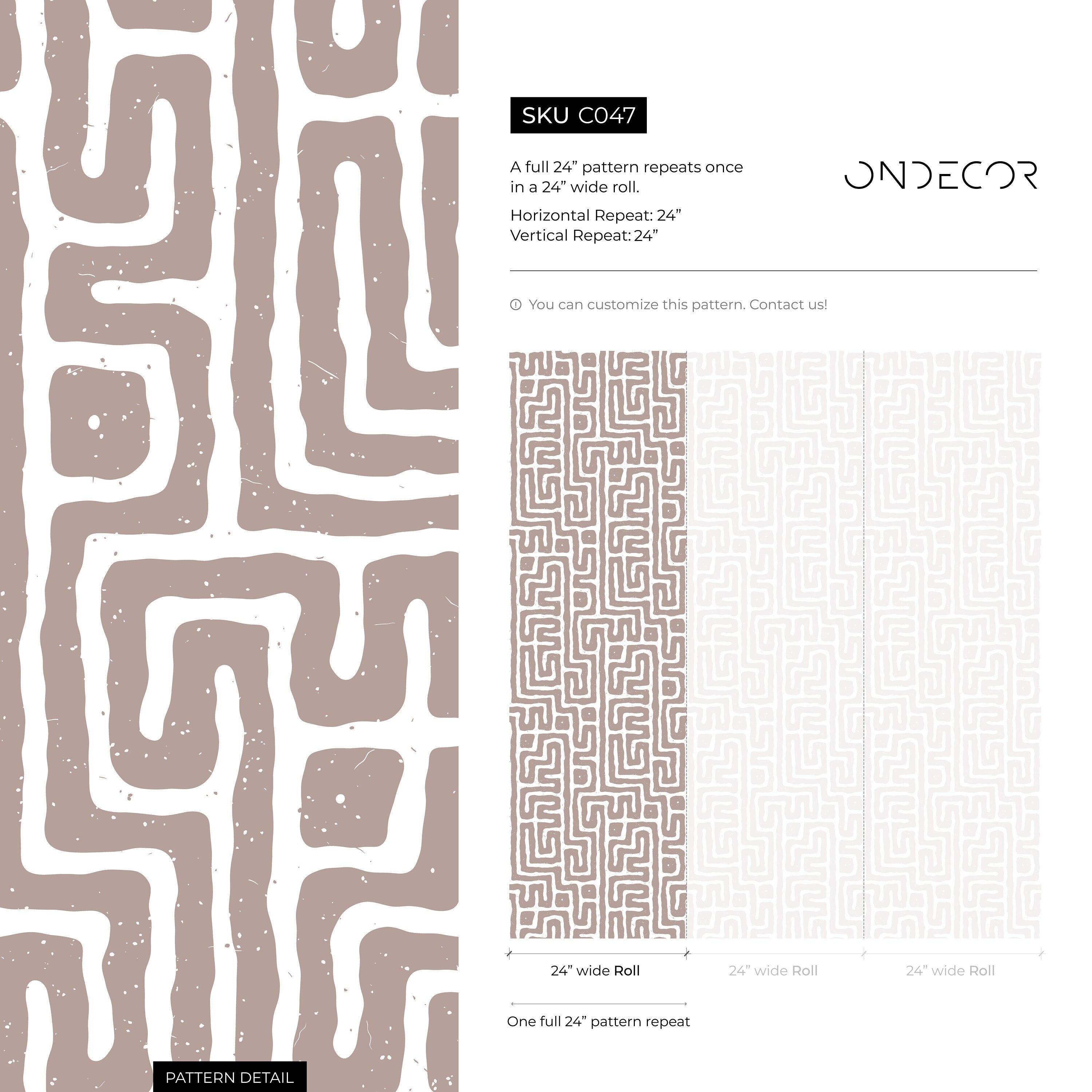 Geometric Wallpaper With A Tribal Labyrinth Motif In Brown And White - C047