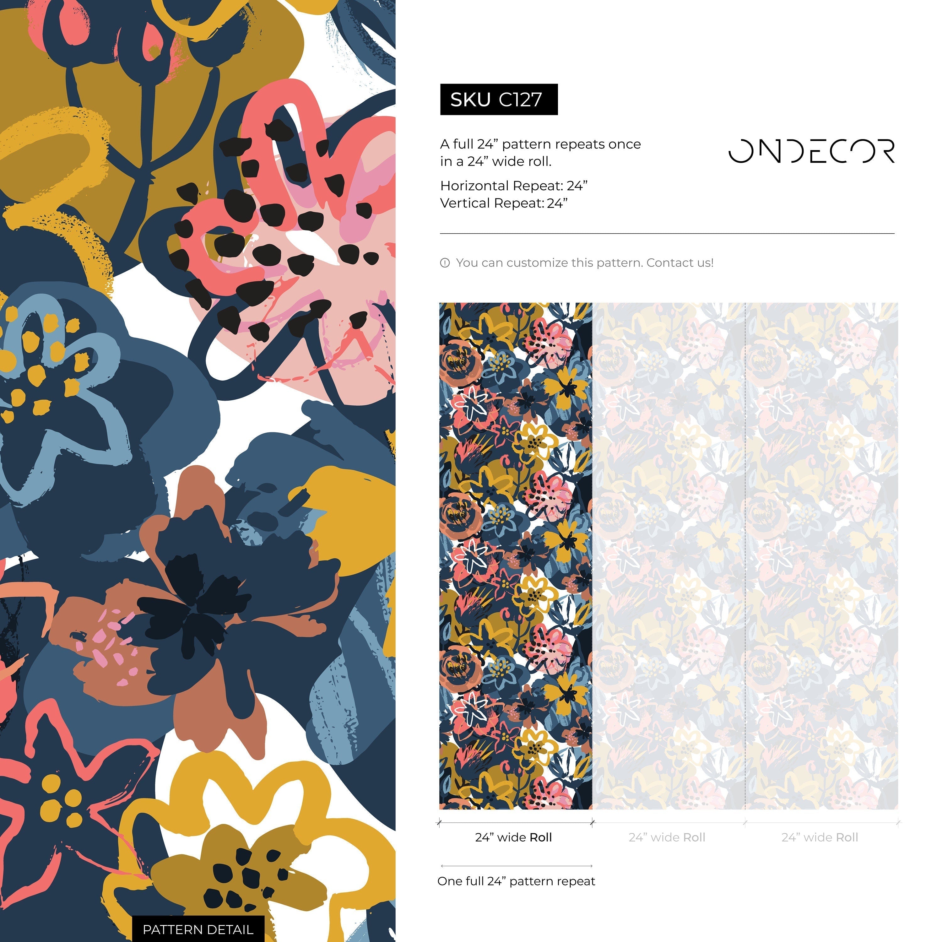 Abstract Floral Wallpaper With A Painterly Motif In Navy Blue, Yellow, And Pink - C127