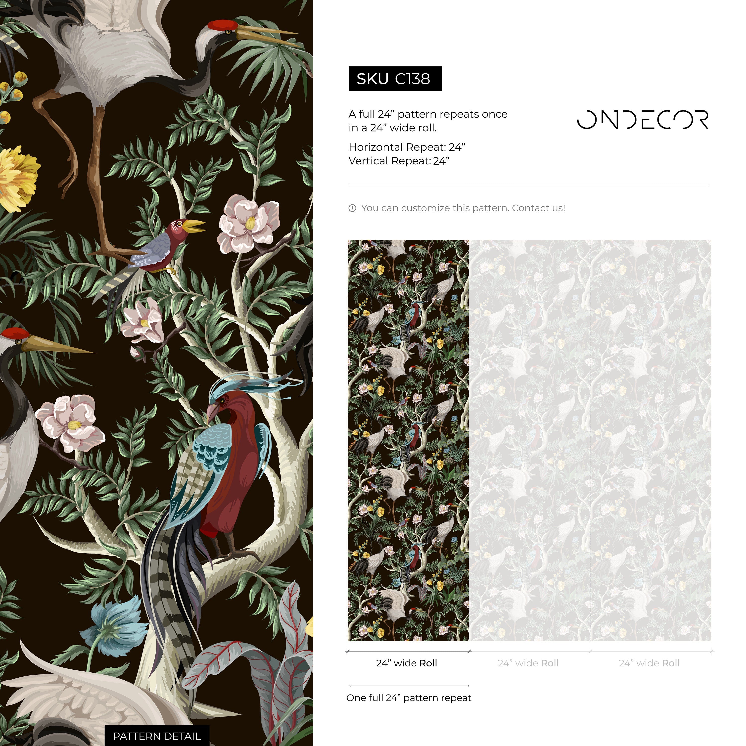 Chinoiserie Wallpaper With Cranes And Floral Branches In Brown, Green, And Red - C138