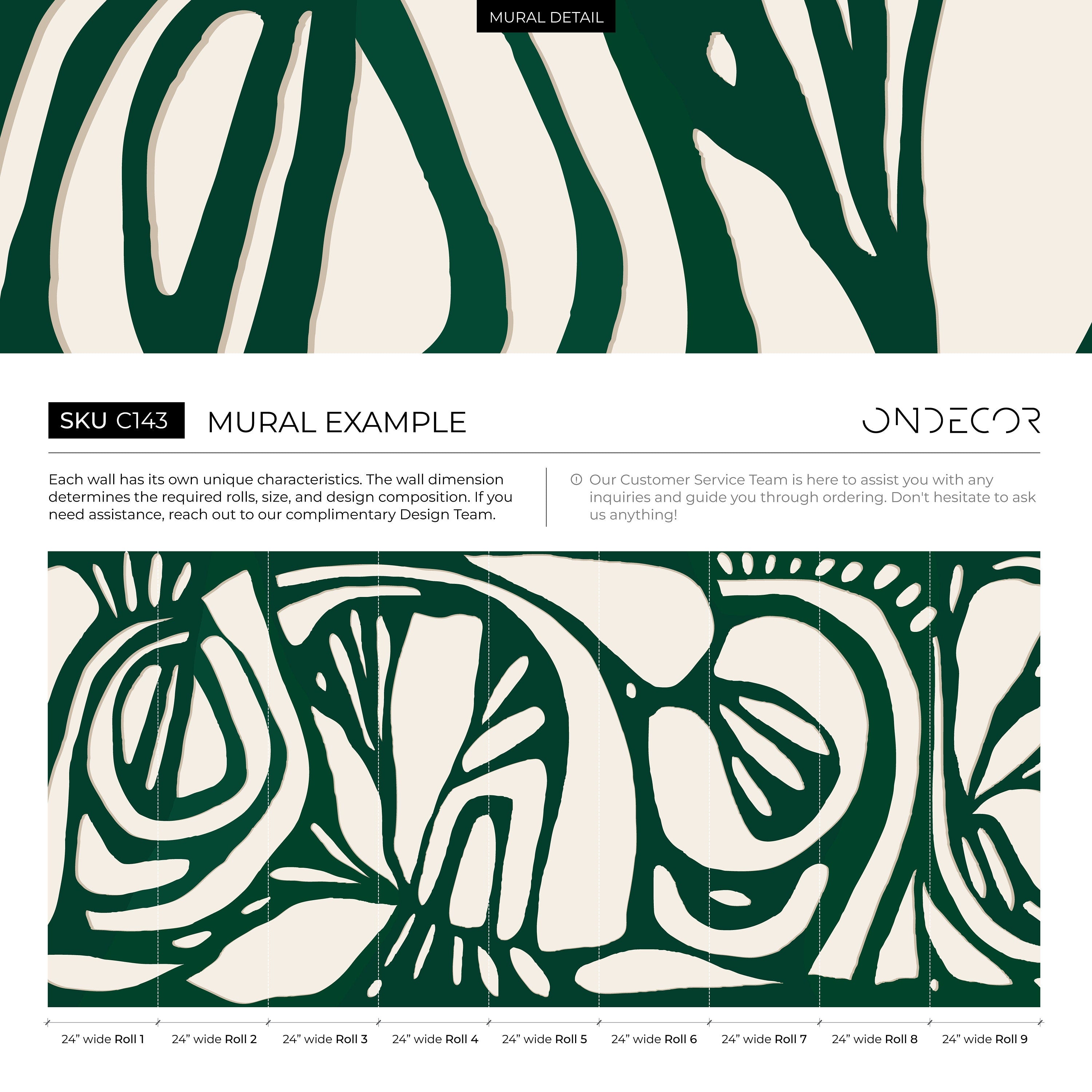 Botanical Wallpaper With A Large Abstract Leaf In Dark Green And Beige - C143