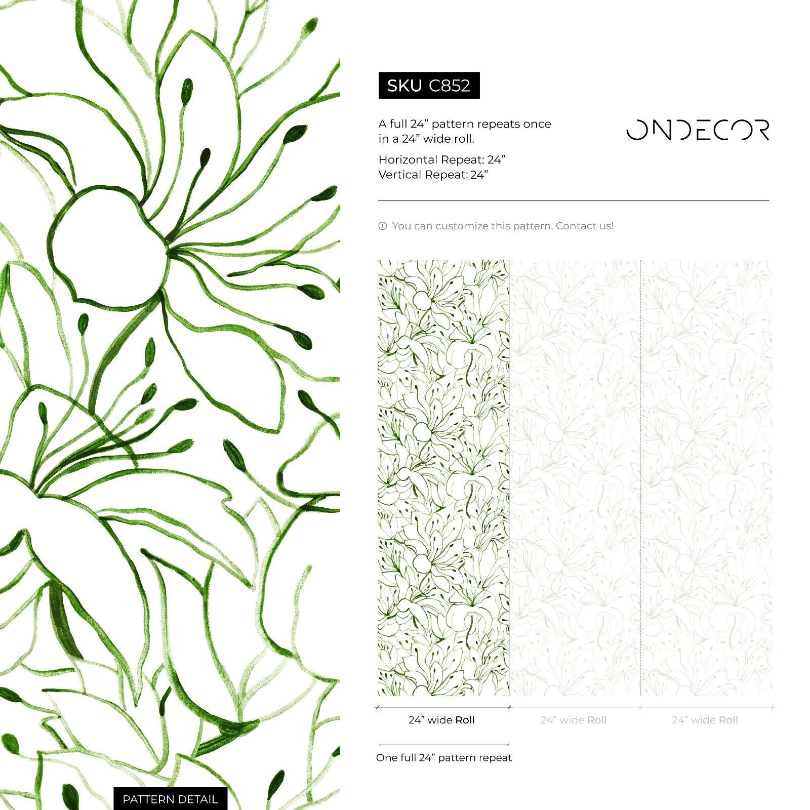 Floral Wallpaper With A Watercolor Lily Line Art Motif In Green - C852
