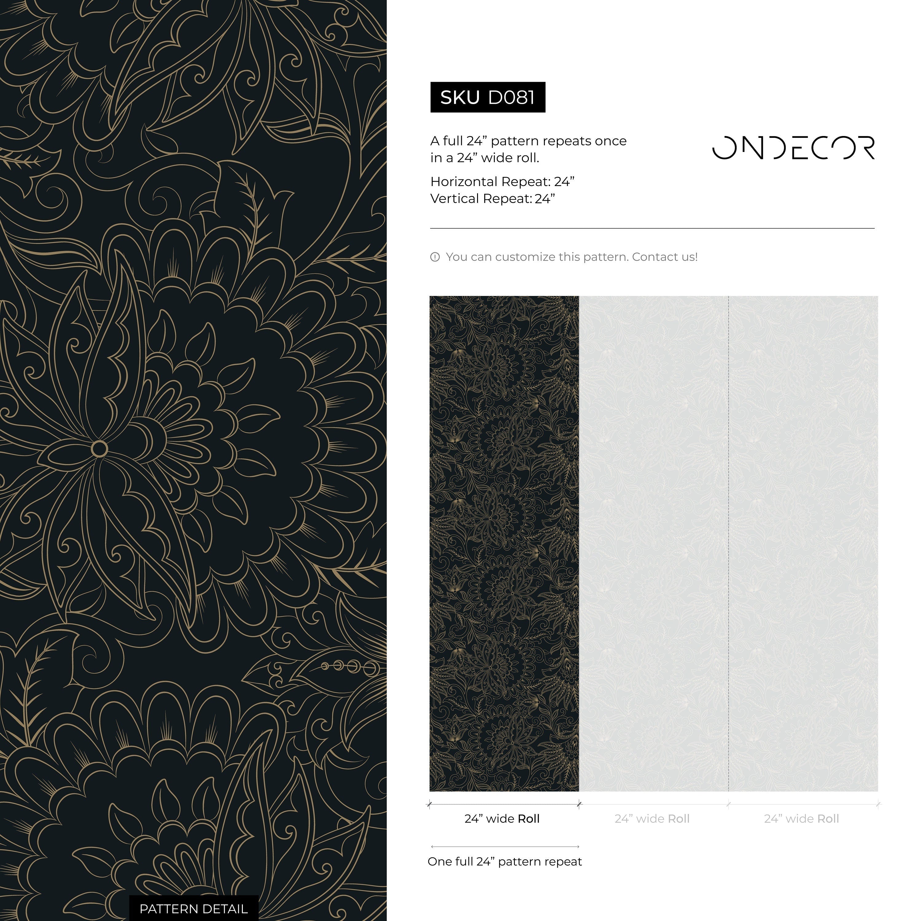 Victorian Wallpaper With Intricate Floral Scrolls In Black And Gold - D081