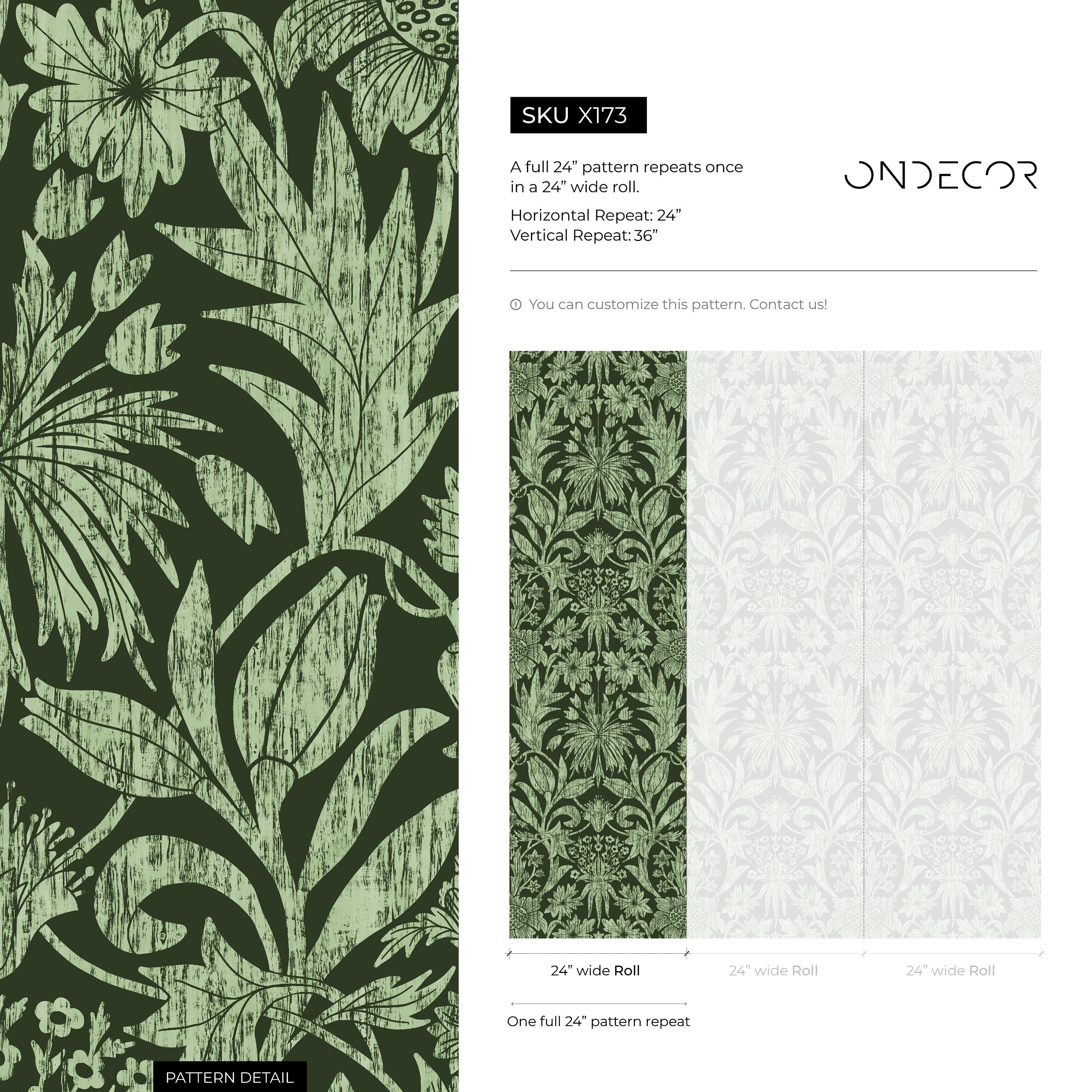 Art Nouveau Wallpaper With A Stylized Botanical Motif In Dark And Sage Green - X173