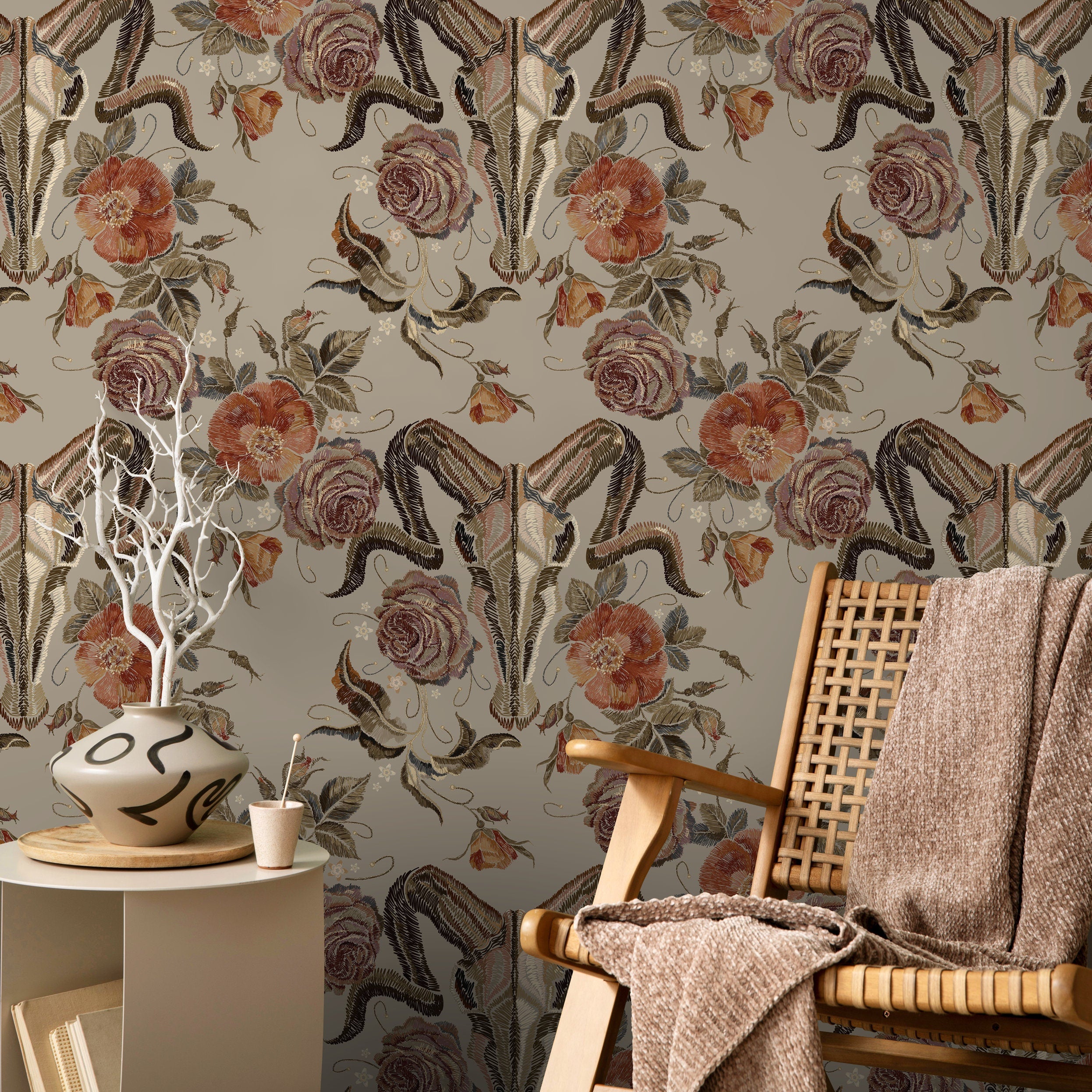 Gothic Wallpaper With An Embroidered Goat Skull In Rust And Brown - D887