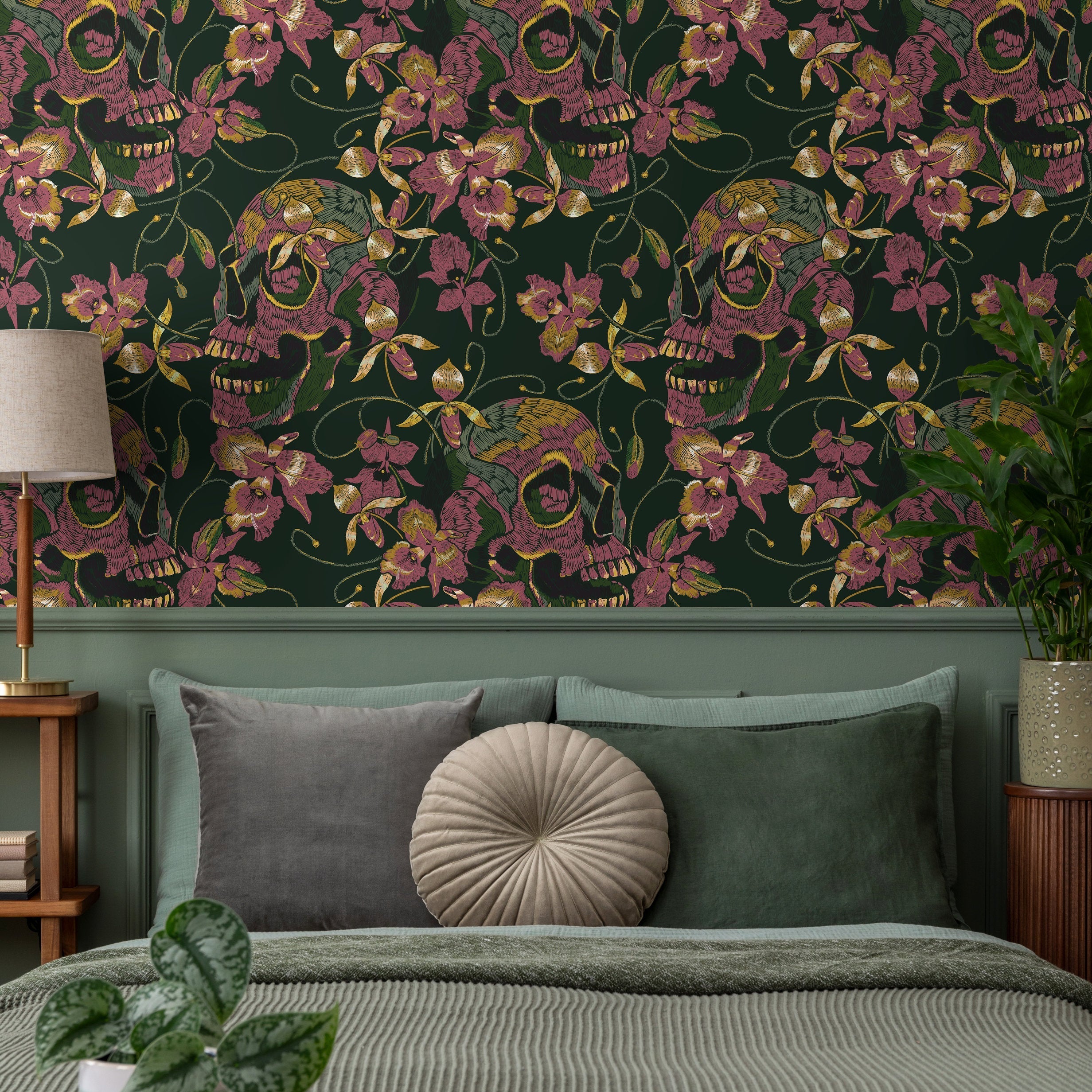 Gothic Wallpaper With An Embroidered Skull And Orchid Motif In Green, Pink, And Gold - D894