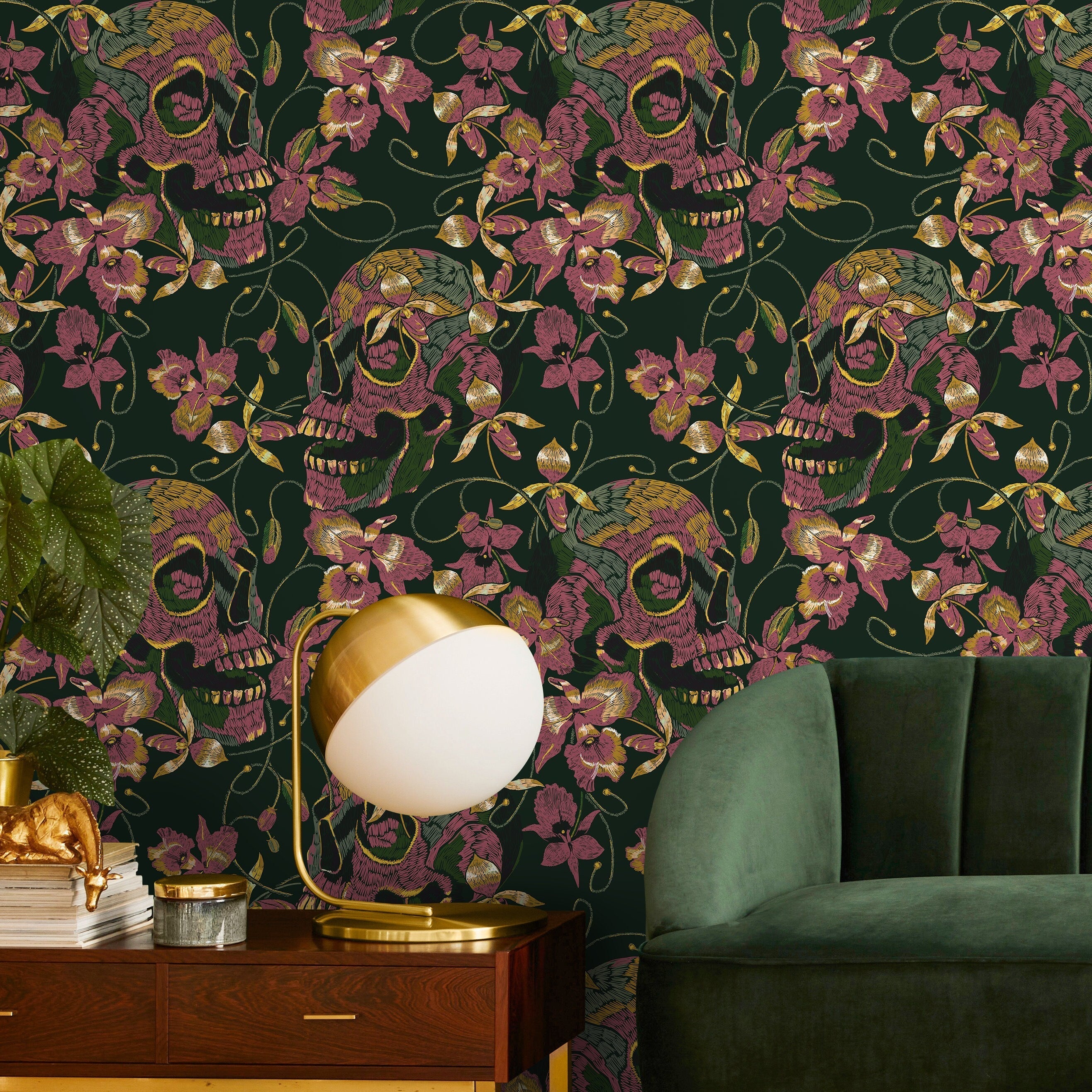 Gothic Wallpaper With An Embroidered Skull And Orchid Motif In Green, Pink, And Gold - D894