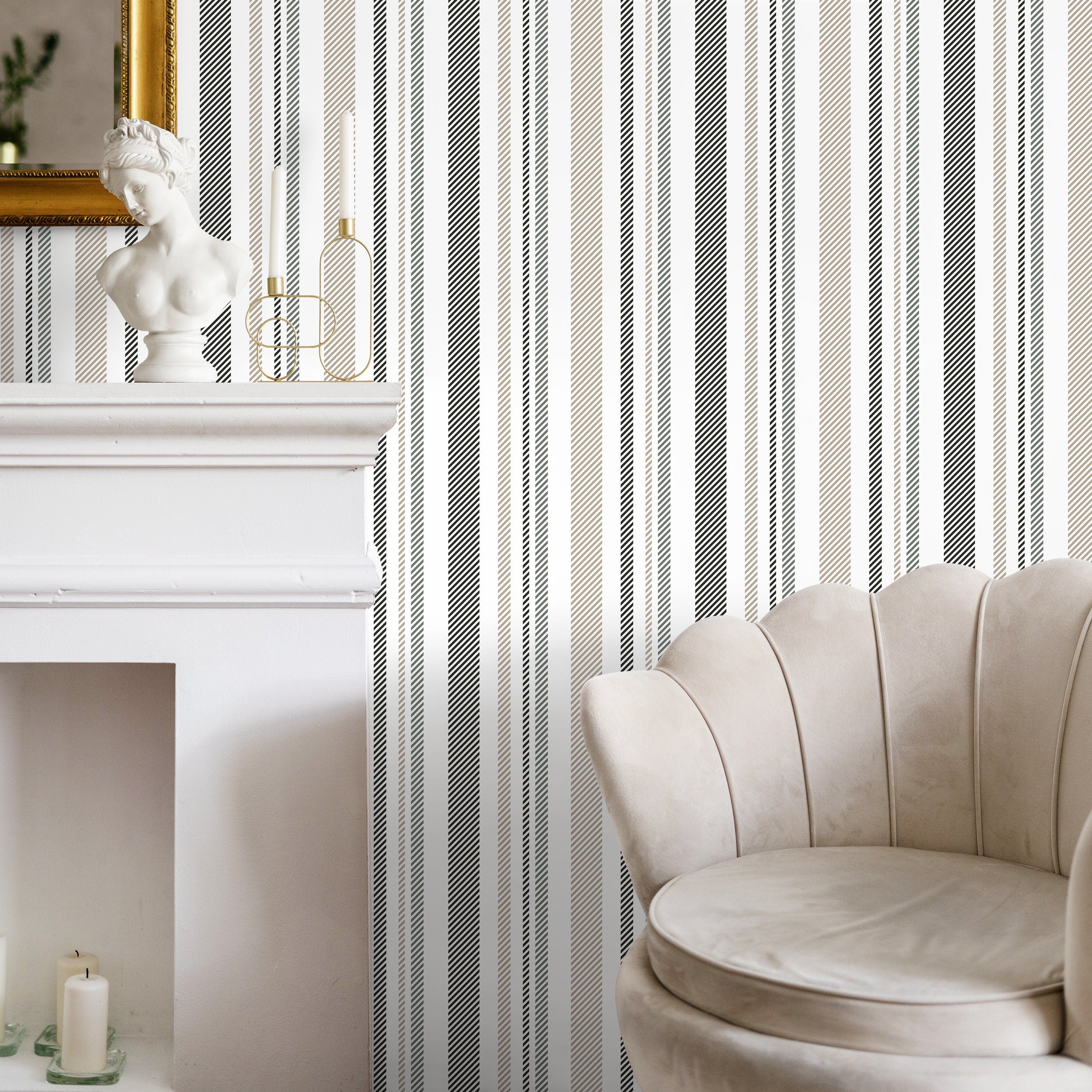 Striped Wallpaper With Textured Diagonal Lines In Grey, Black, And Taupe - D844