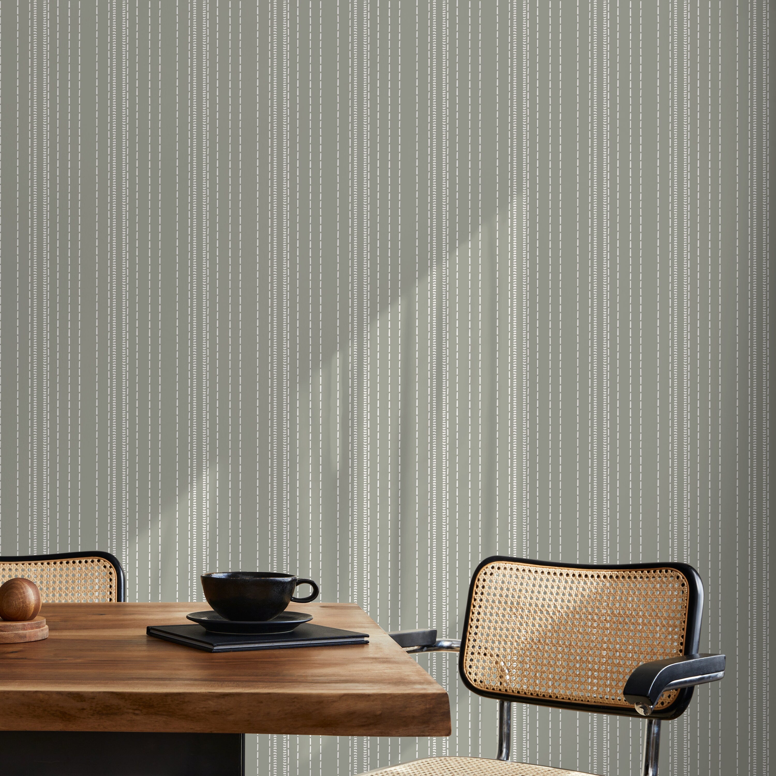 Striped Wallpaper With Hand-drawn Dashes In Sage Green And White - D853