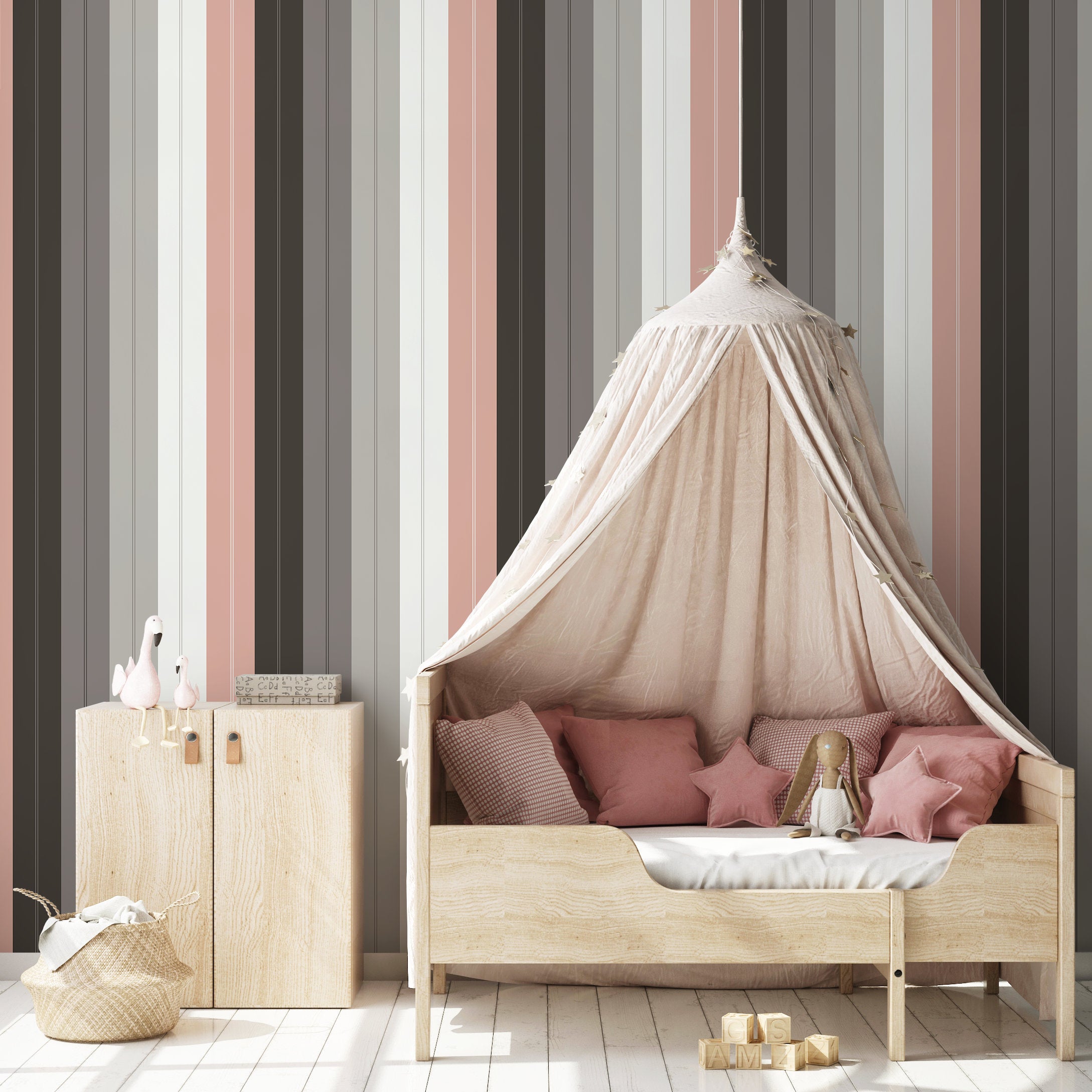 Striped Wallpaper With Modern Vertical Lines In Grey, Pink, And White - D857