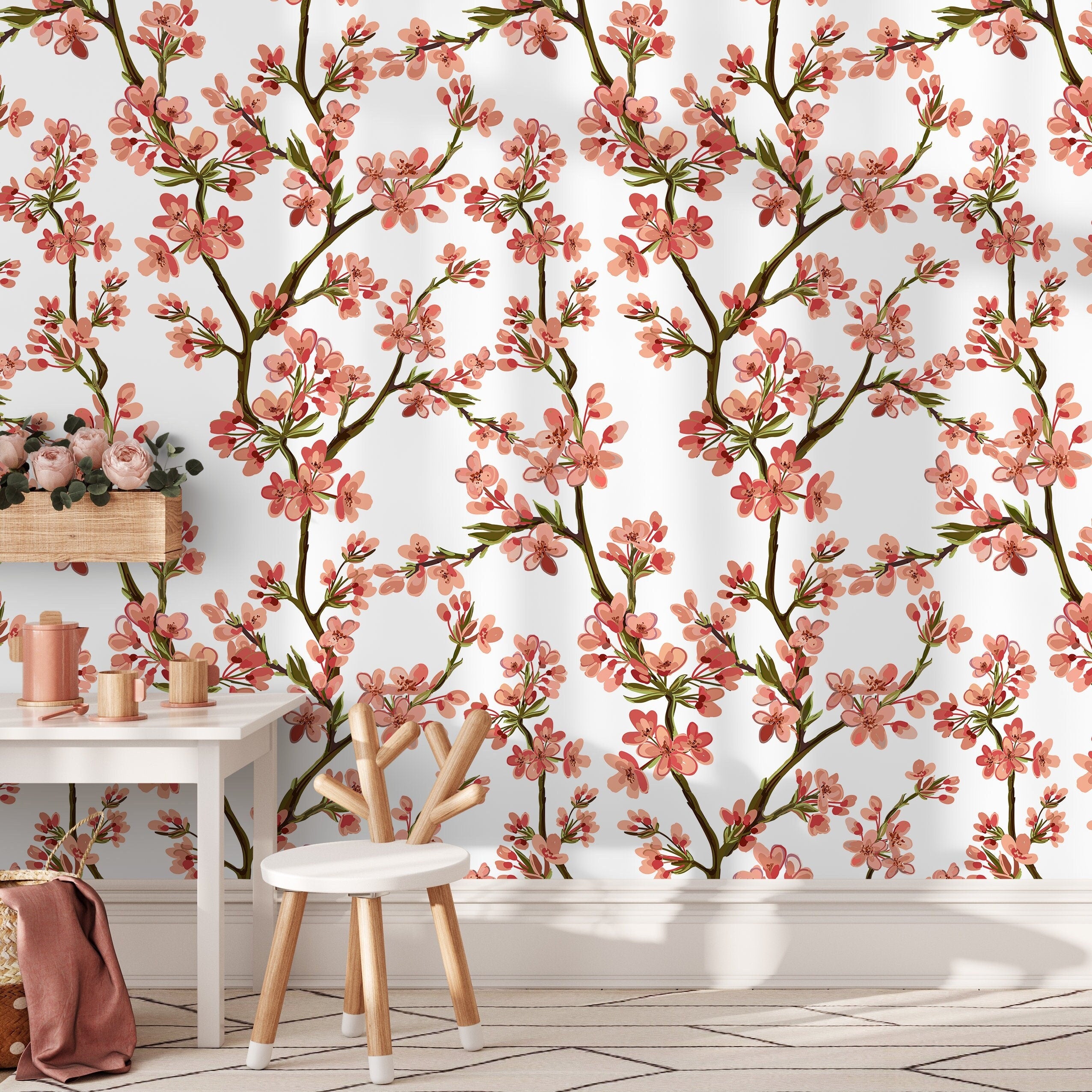 Floral Wallpaper With Cherry Blossom Branches In Pink, Red, And Brown - D961