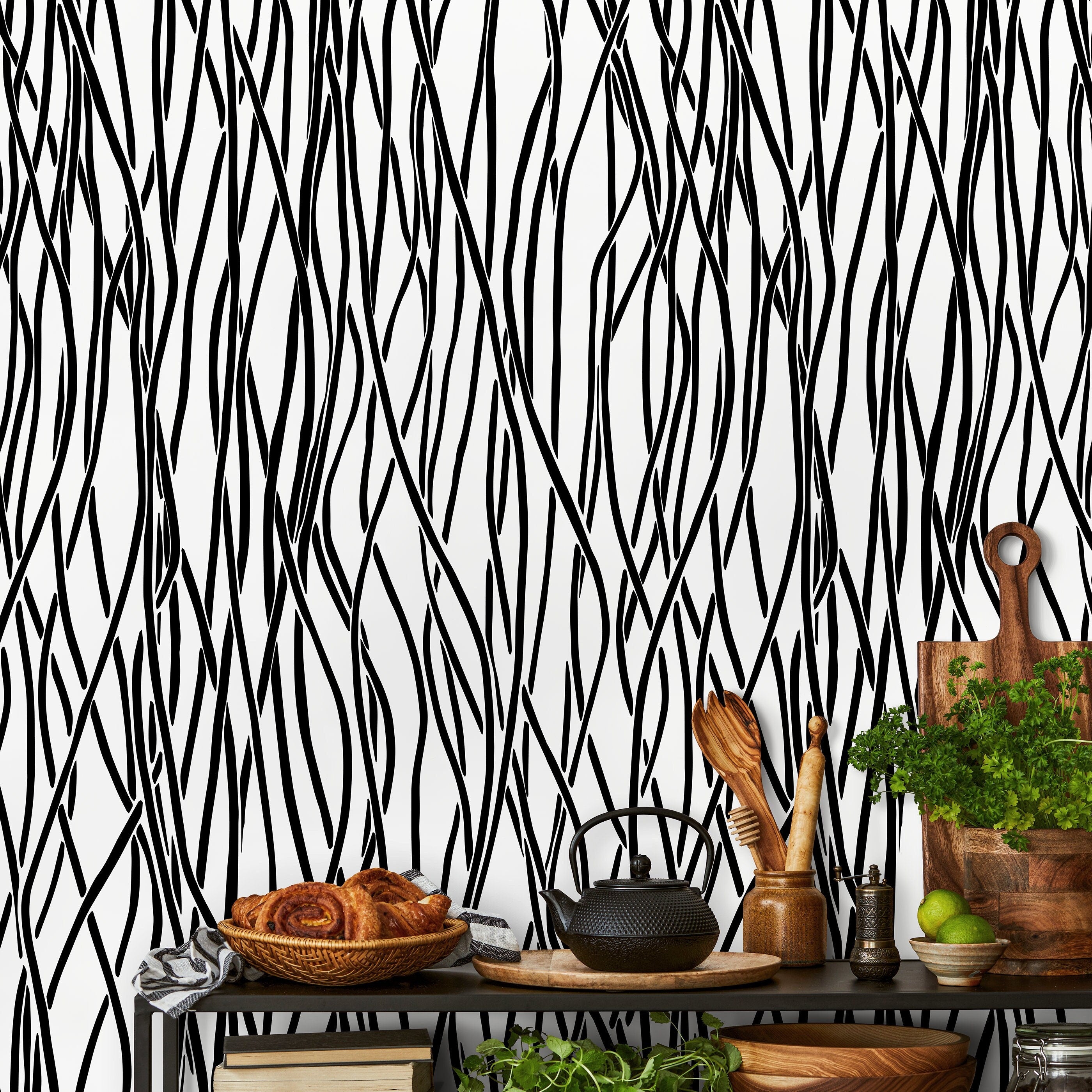 Abstract Wallpaper With Wavy Vertical Lines In Black And White - X087