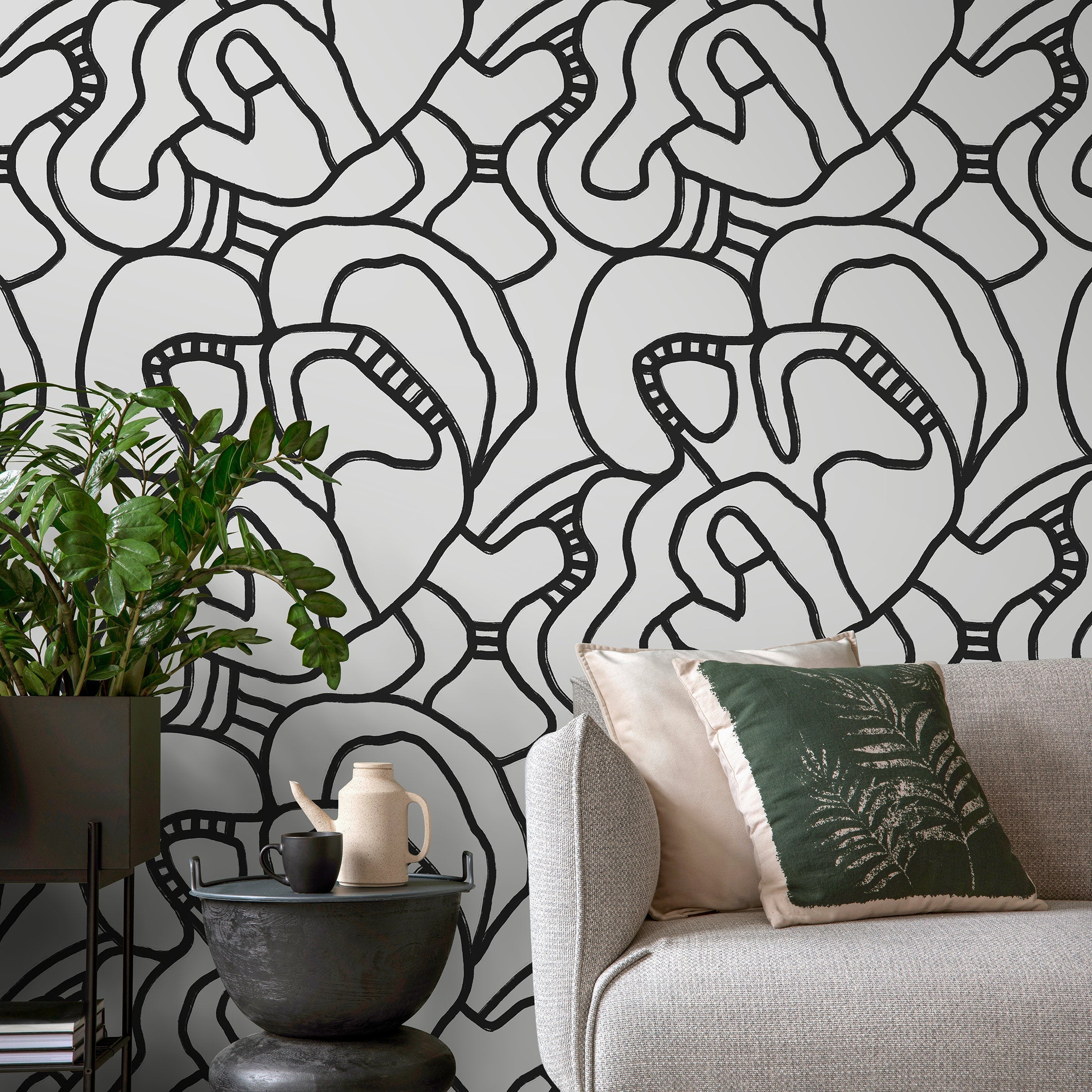 Abstract Wallpaper With A Bold Continuous Line Motif In Black And Gray - X107