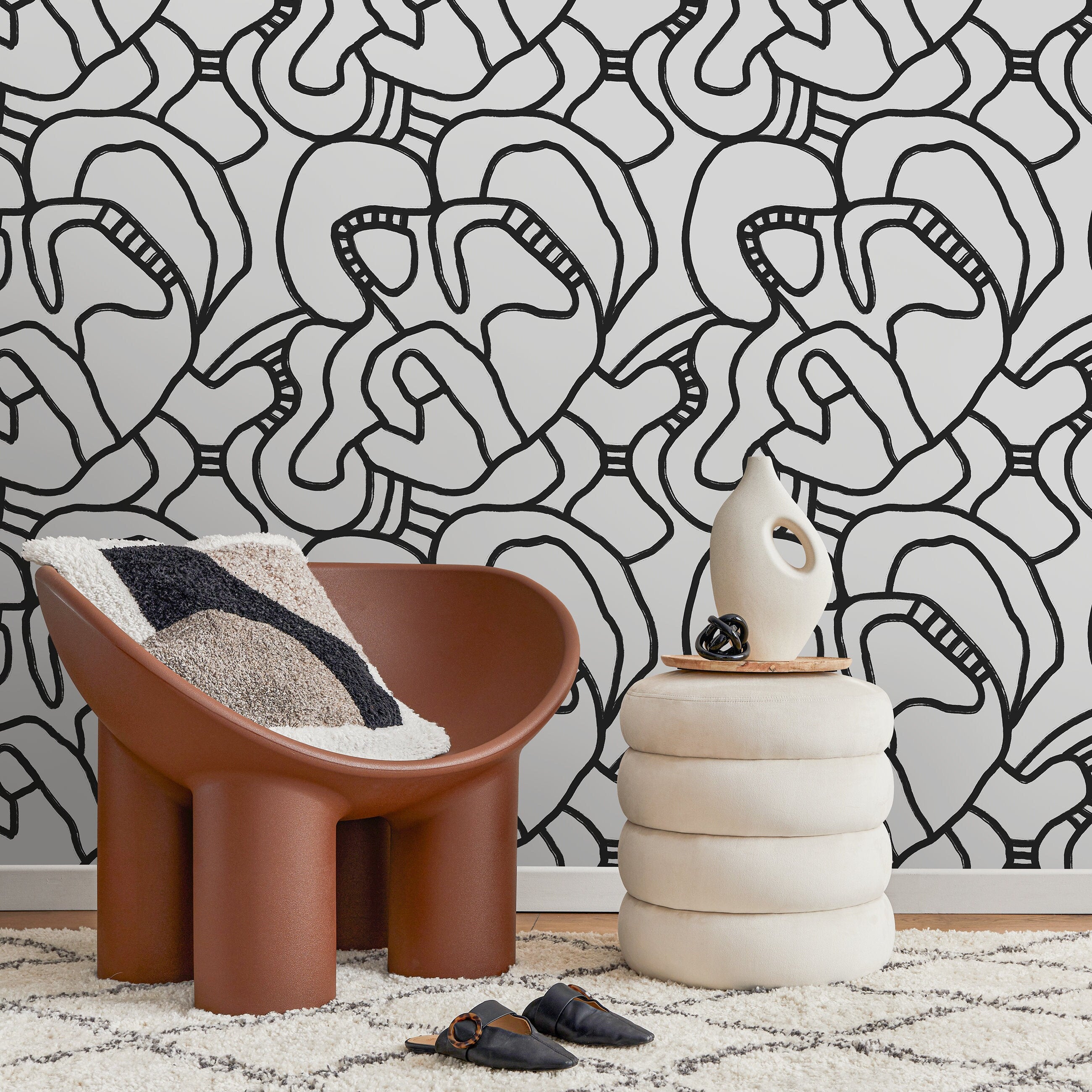 Abstract Wallpaper With A Bold Continuous Line Motif In Black And Gray - X107