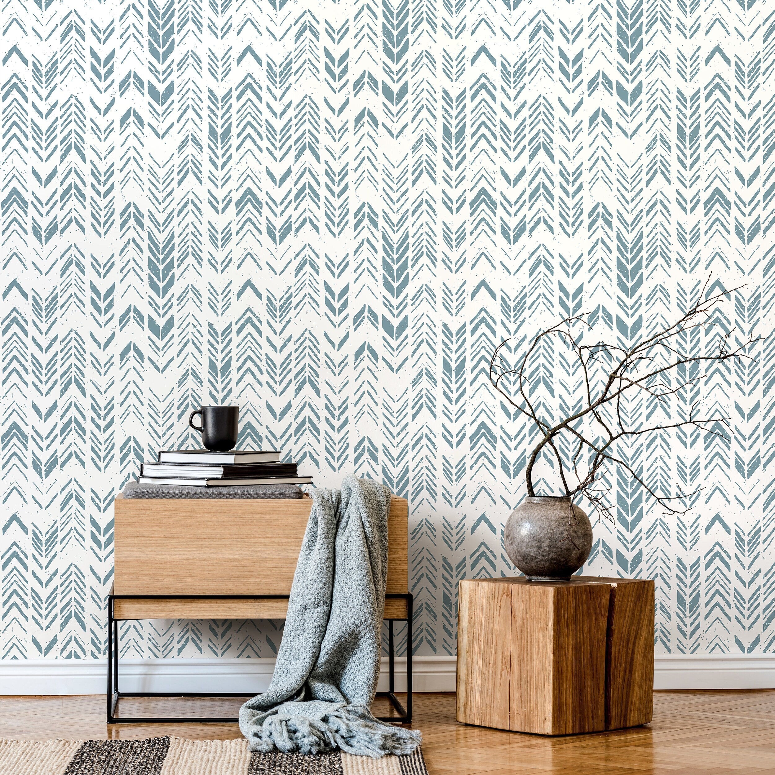 Scandinavian Wallpaper With A Stamped Chevron Motif In Dusty Blue - A601
