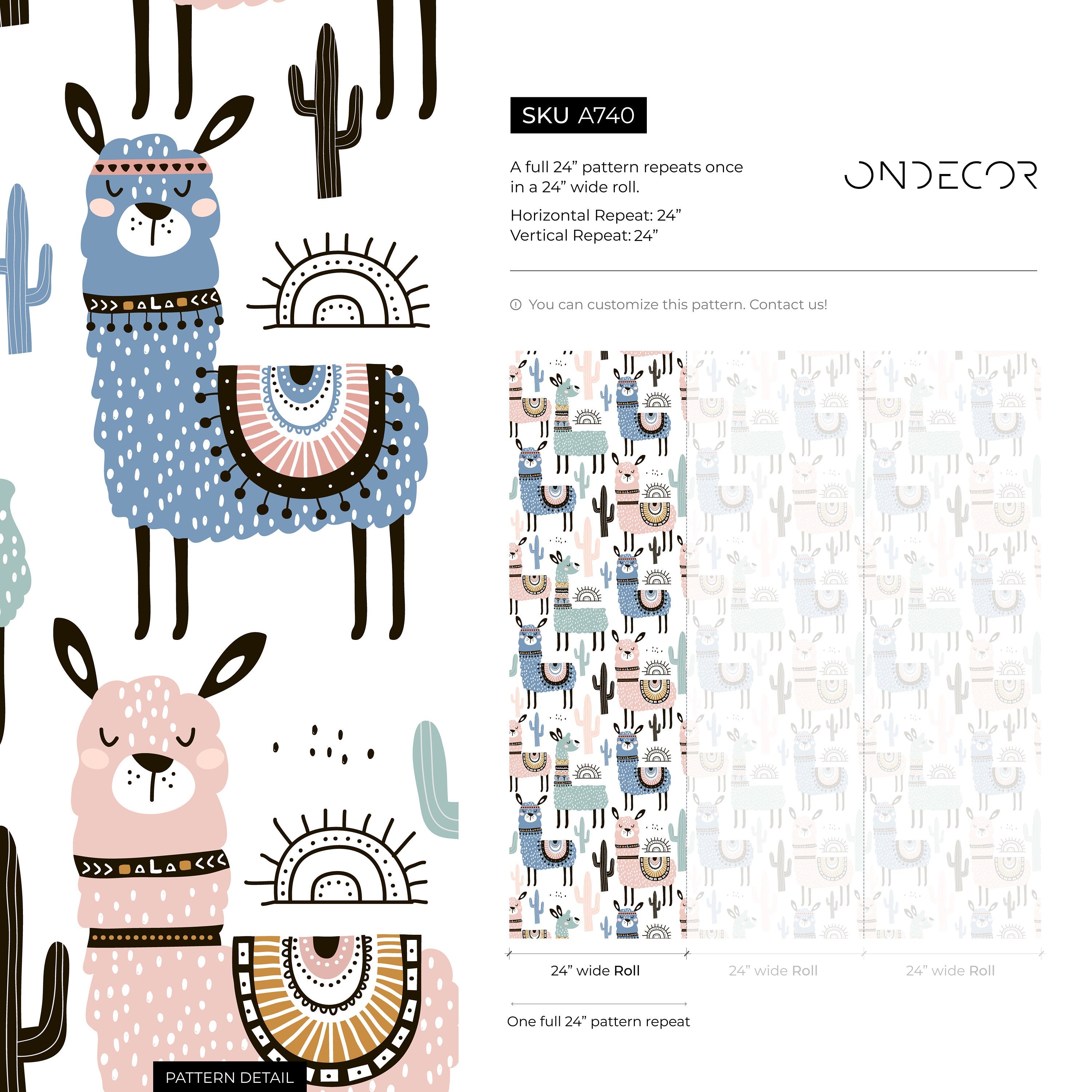 Scandinavian Wallpaper With A Whimsical Alpaca And Cactus Motif In Pink, Blue, And Teal - A740