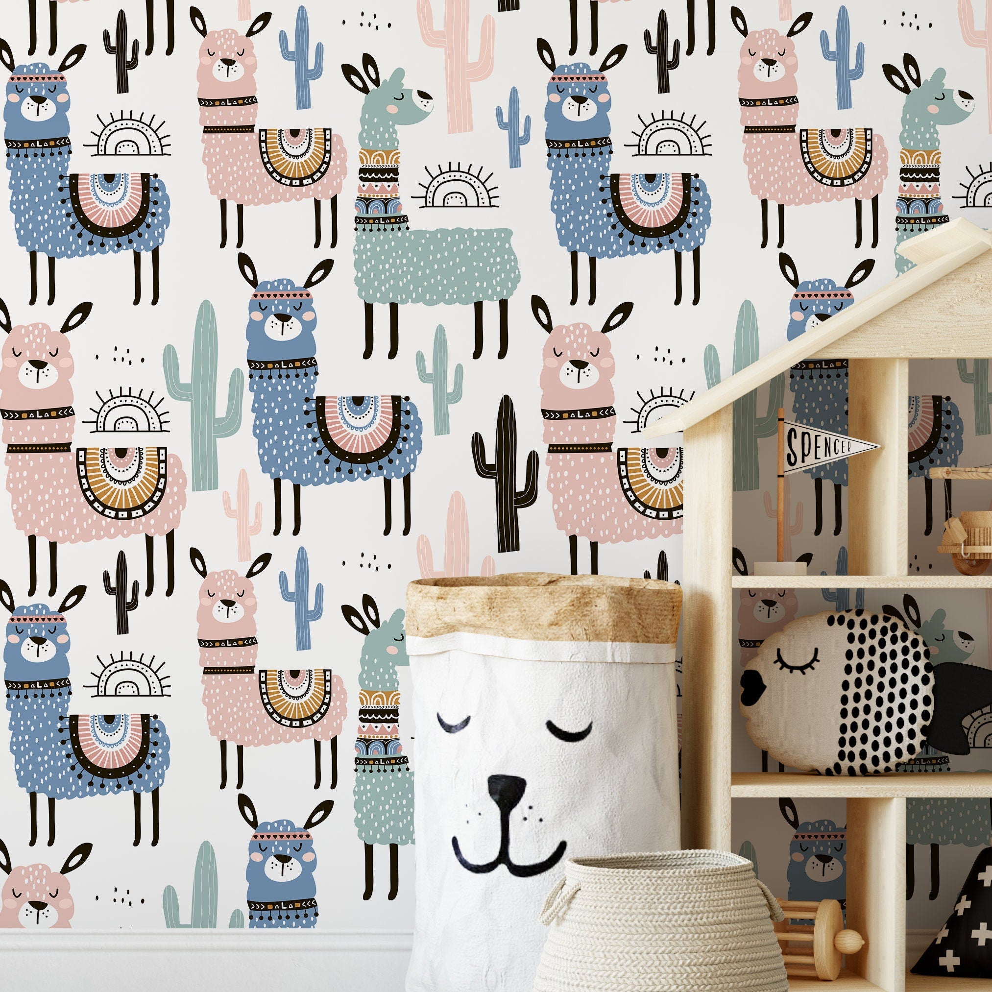 Scandinavian Wallpaper With A Whimsical Alpaca And Cactus Motif In Pink, Blue, And Teal - A740