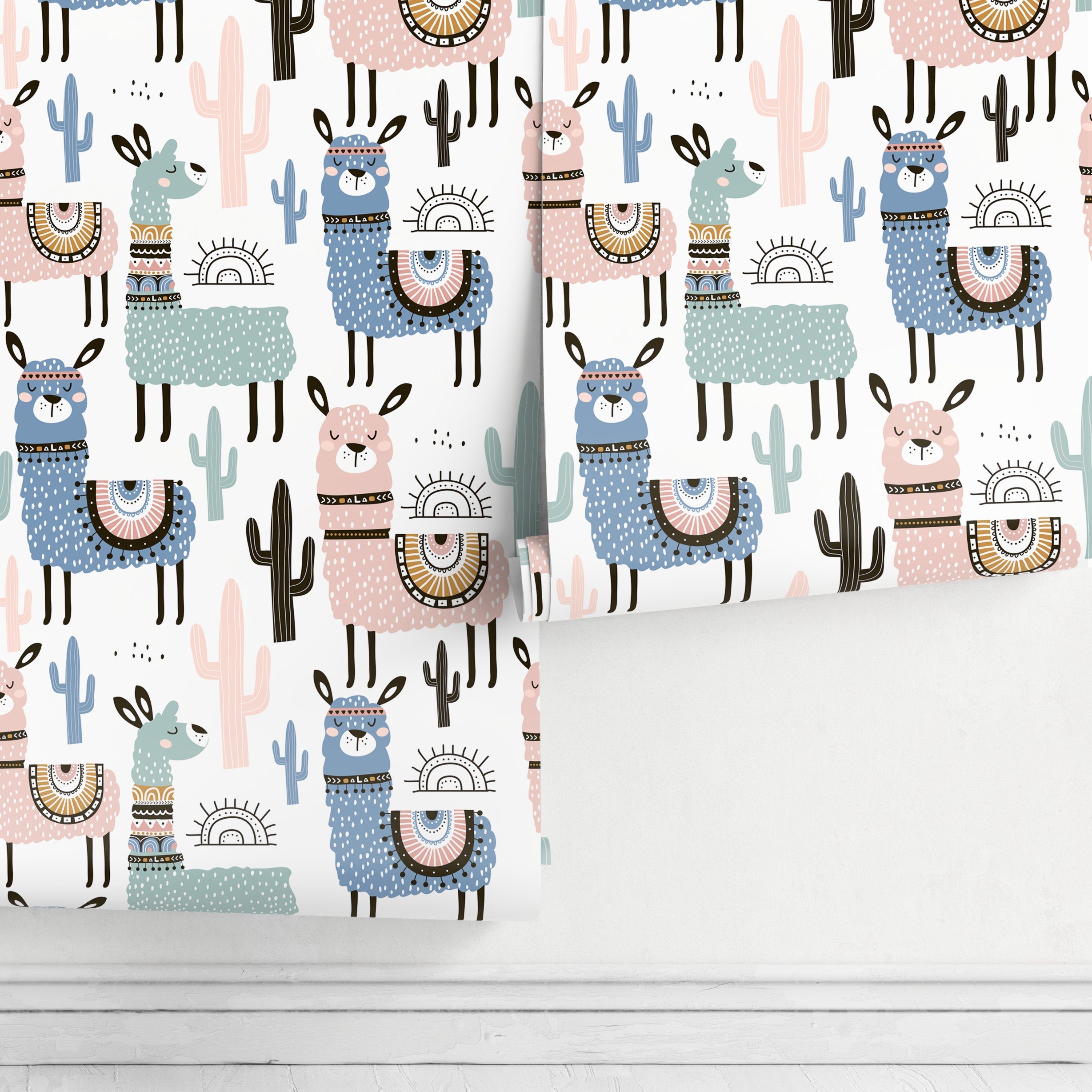 Scandinavian Wallpaper With A Whimsical Alpaca And Cactus Motif In Pink, Blue, And Teal - A740