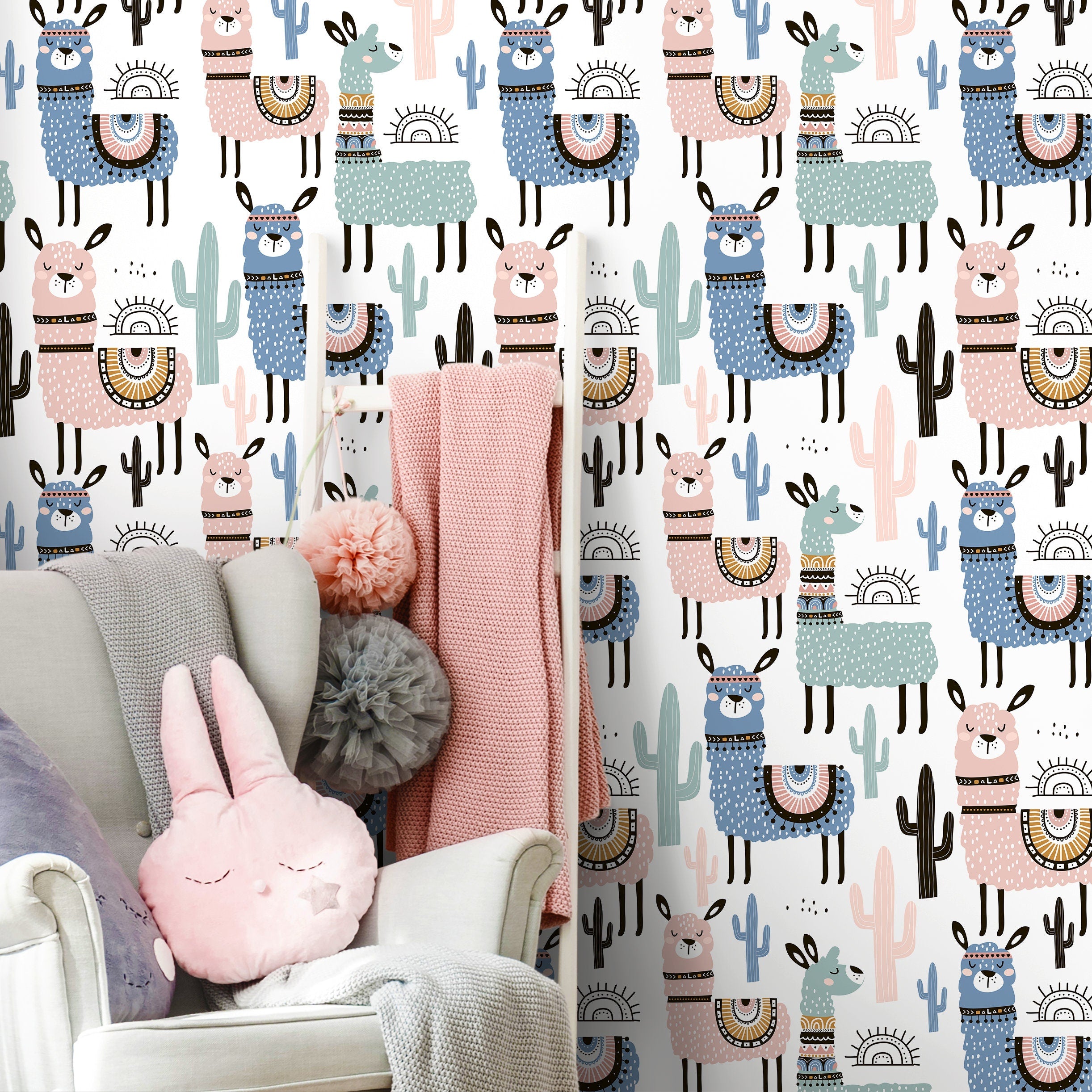 Scandinavian Wallpaper With A Whimsical Alpaca And Cactus Motif In Pink, Blue, And Teal - A740