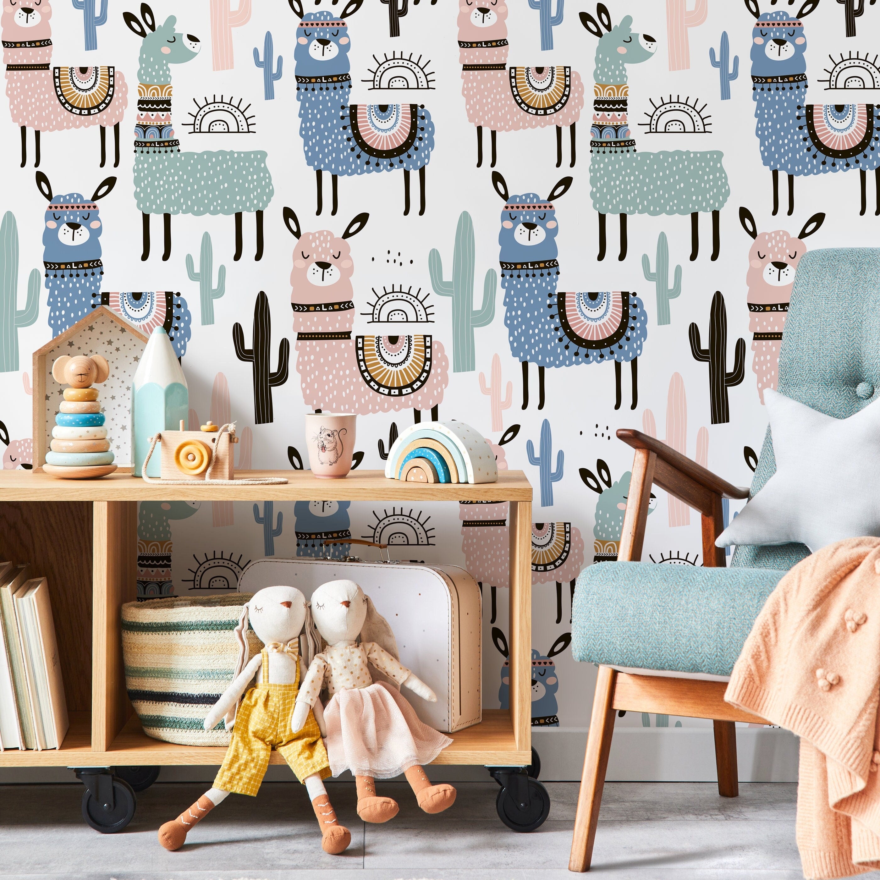 Scandinavian Wallpaper With A Whimsical Alpaca And Cactus Motif In Pink, Blue, And Teal - A740
