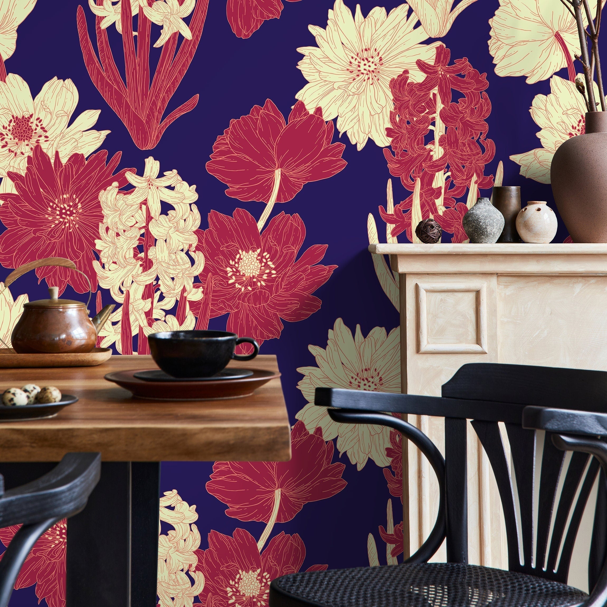 Botanical Wallpaper With Illustrated Florals In Blue, Red, And Cream - A802