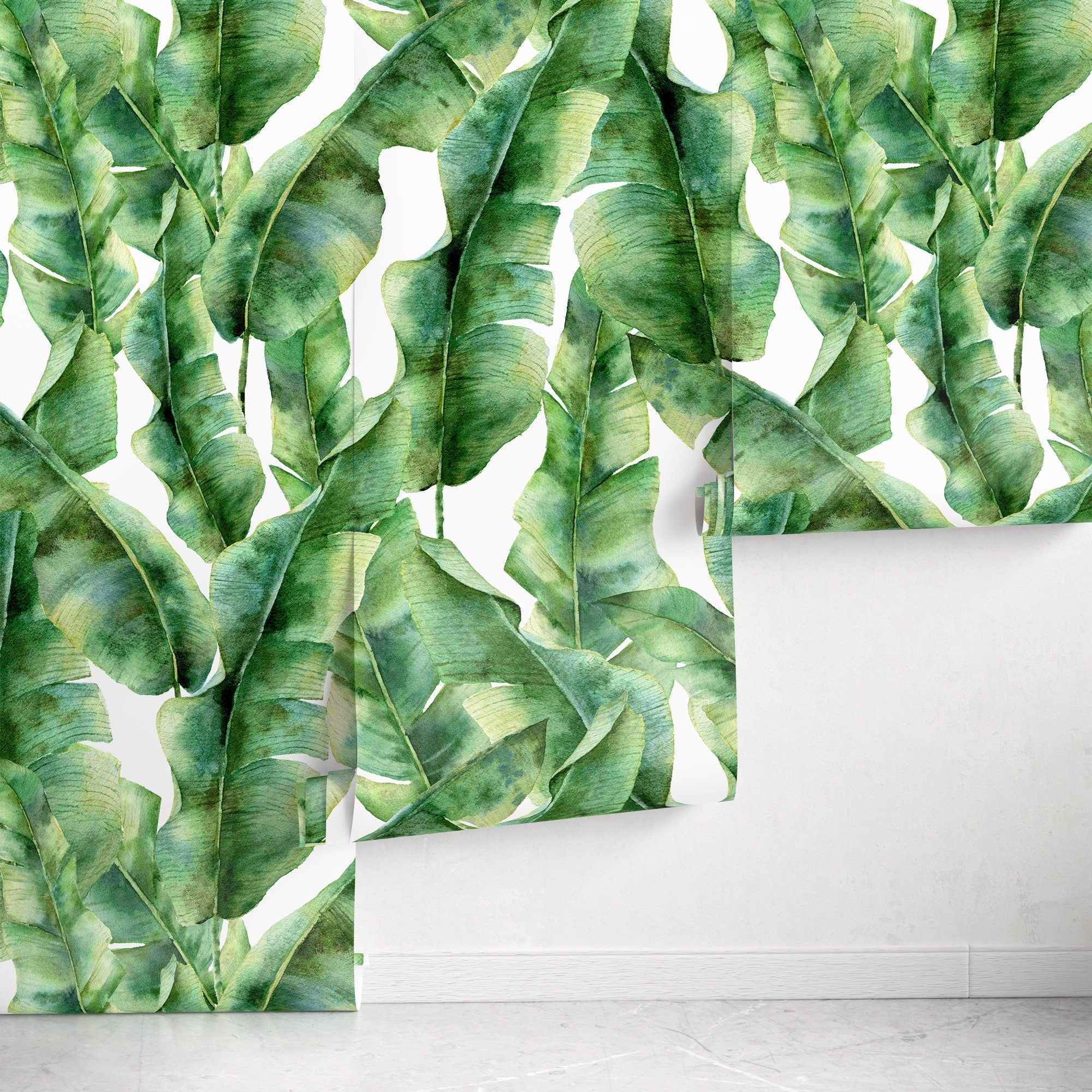 Botanical Wallpaper With Watercolor Banana Leaves In Green And Yellow - A132