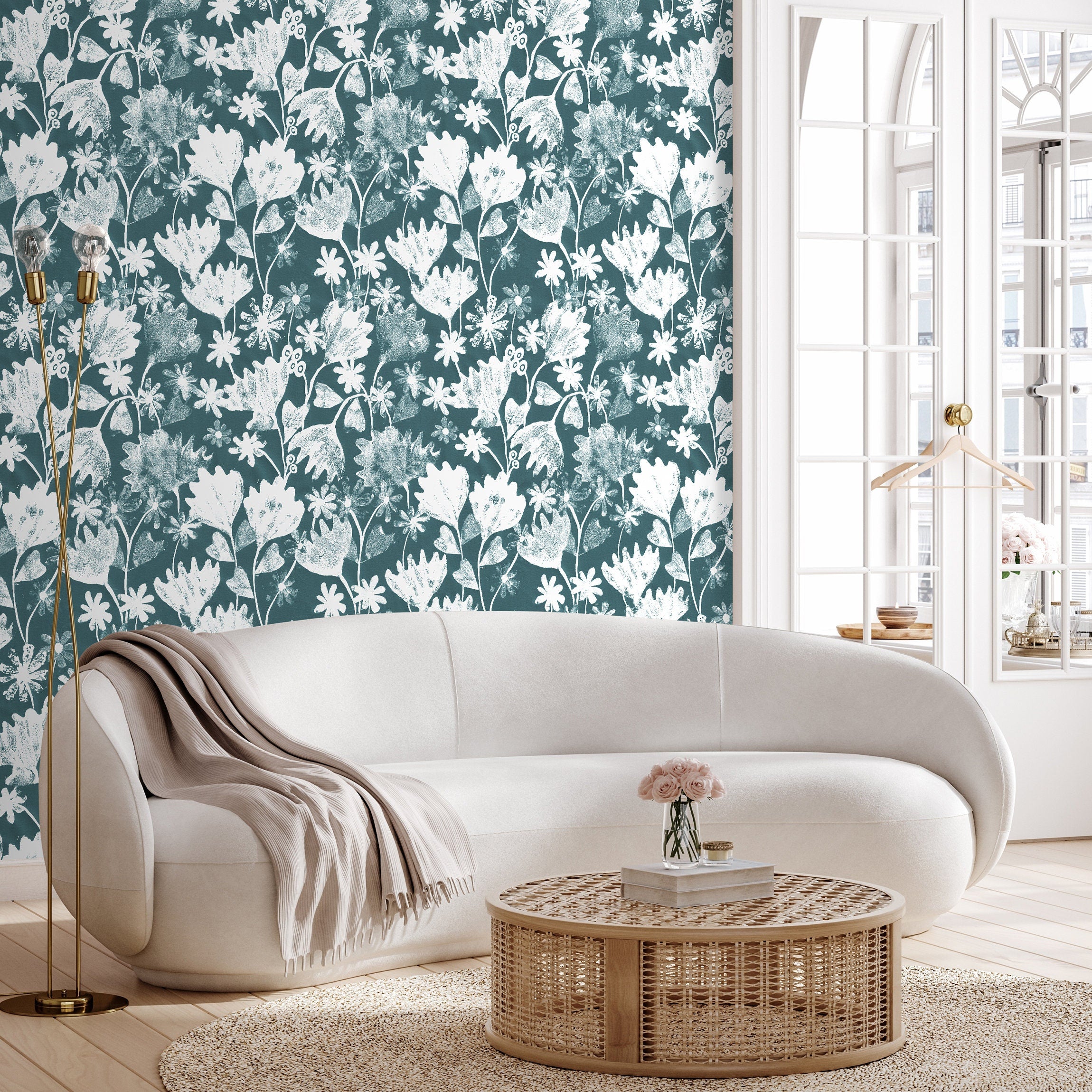 Botanical Wallpaper With A Stamped Wildflower Motif In Teal And White - X186