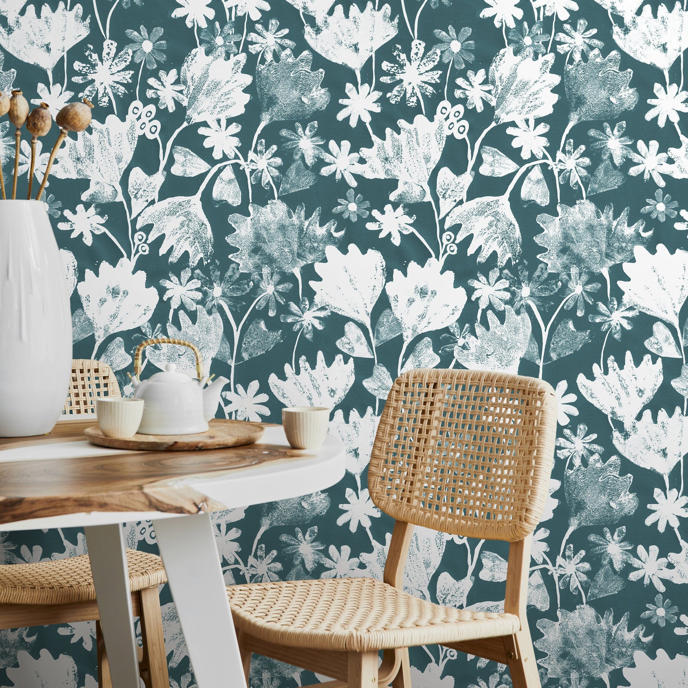 Botanical Wallpaper With A Stamped Wildflower Motif In Teal And White - X186