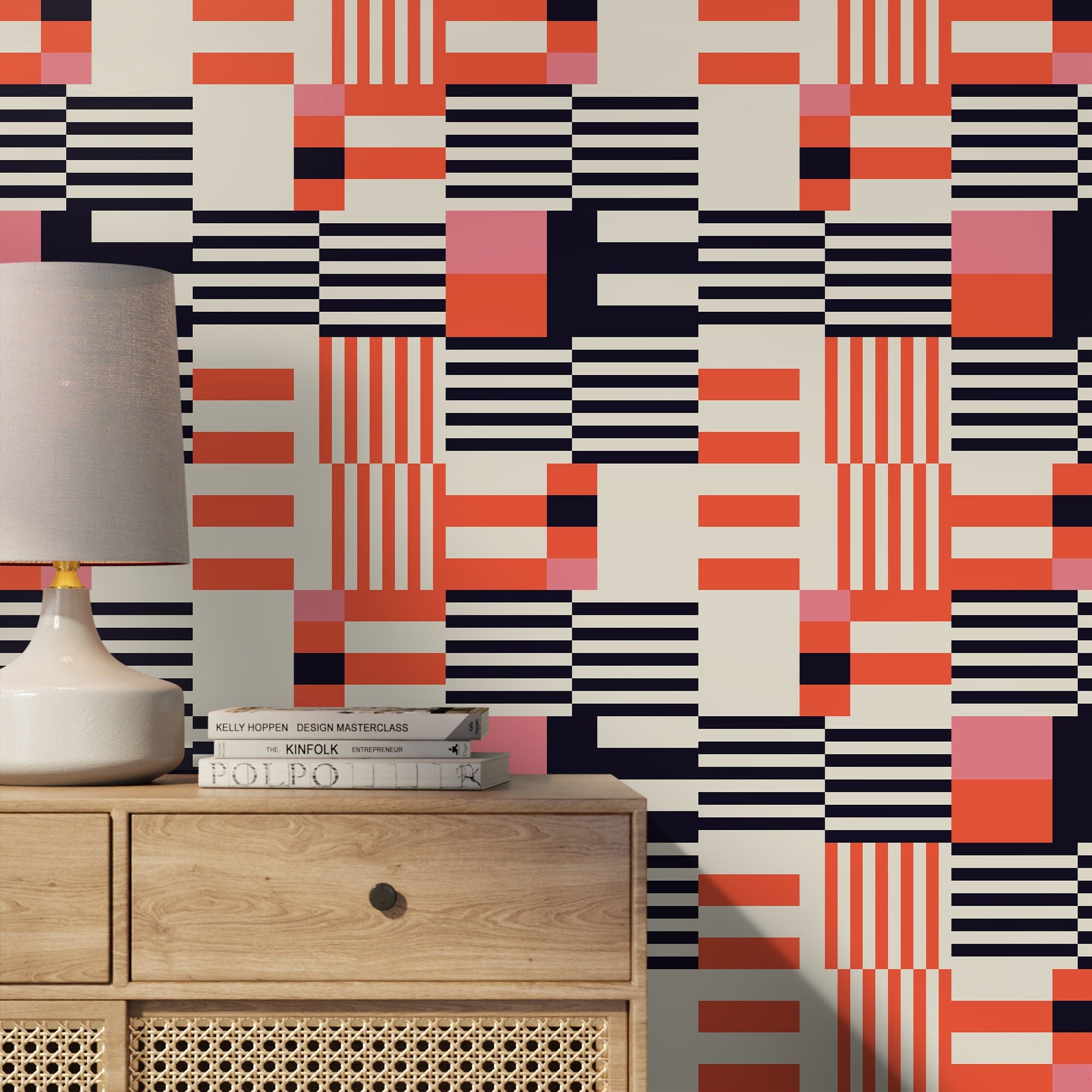 Geometric Wallpaper With A Modern Block And Stripe Motif In Black, Orange, And Pink - D848