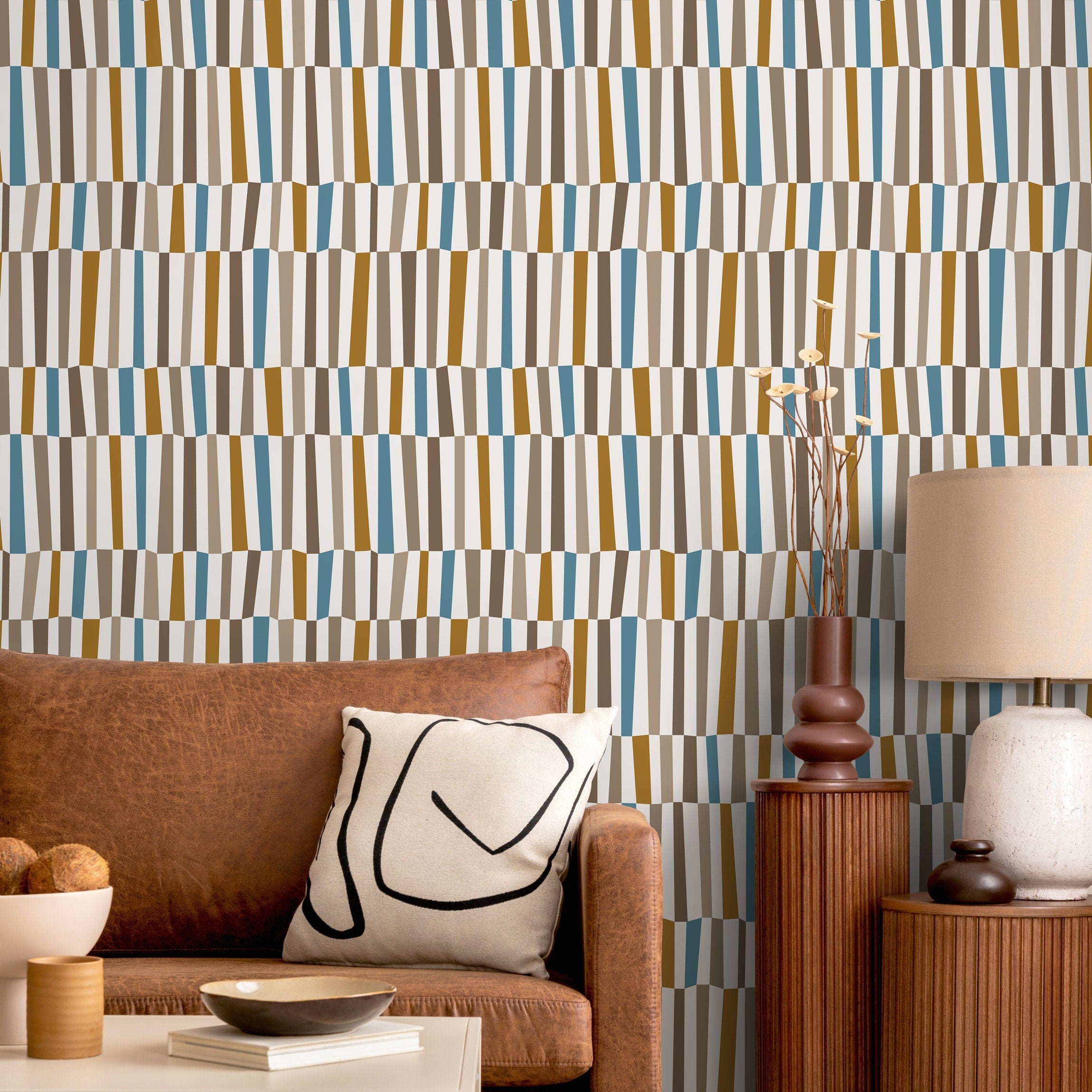 Mid Century Wallpaper With An Abstract Vertical Block Pattern In Blue, Brown, And Mustard - D851