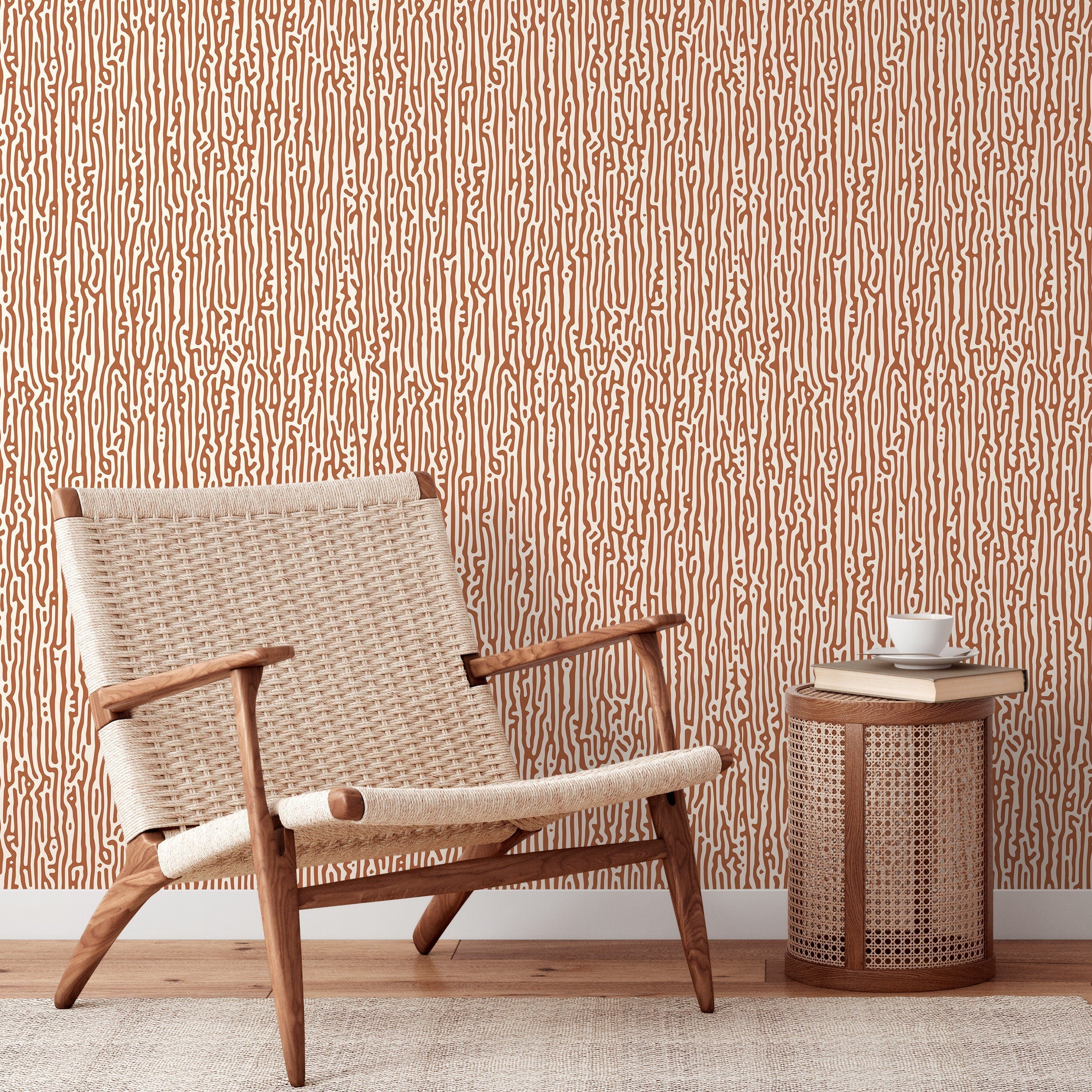 Abstract Wallpaper With Organic Wavy Lines In Terracotta And Cream - D854