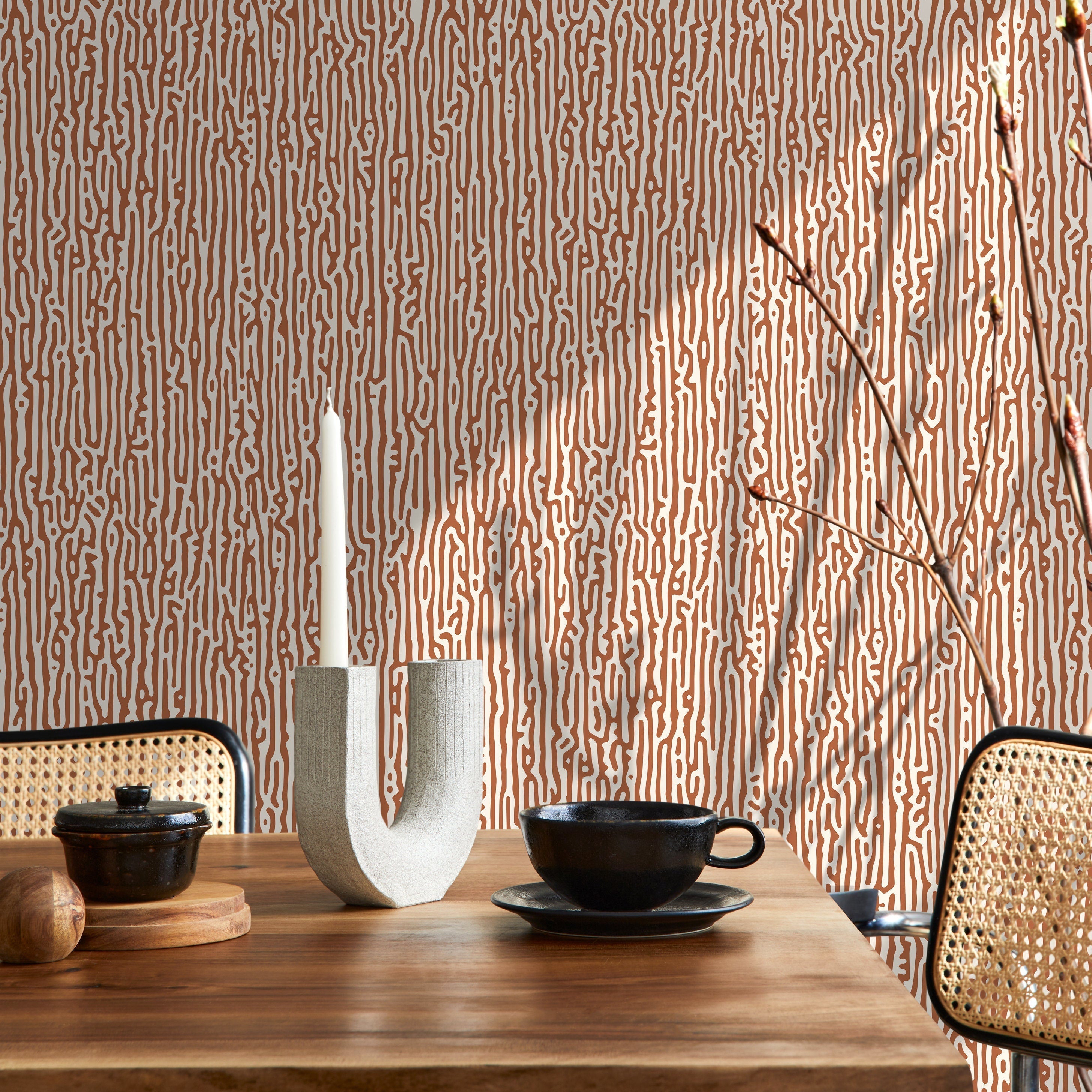 Abstract Wallpaper With Organic Wavy Lines In Terracotta And Cream - D854