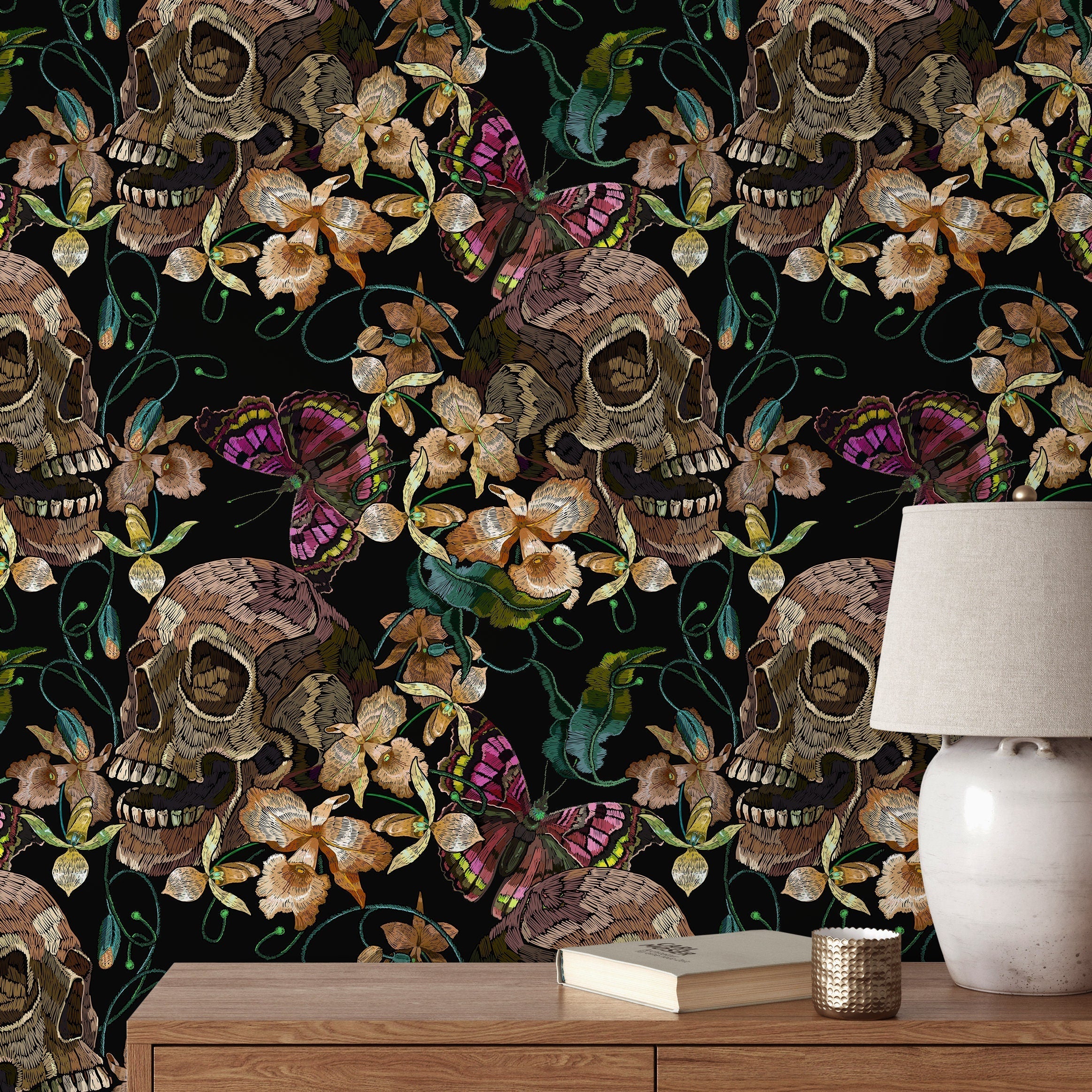 Maximalist Wallpaper With Embroidered Skulls And Butterflies In Black, Brown, And Pink - D897