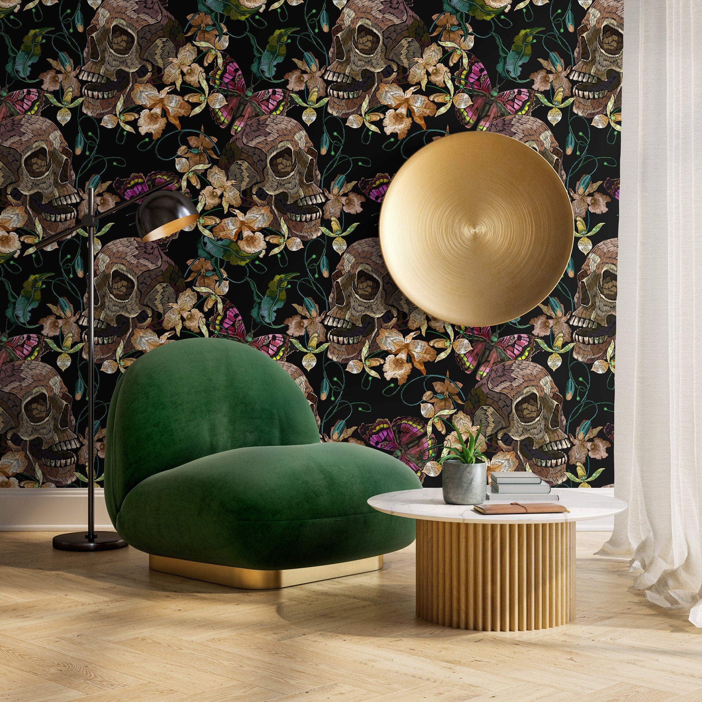 Maximalist Wallpaper With Embroidered Skulls And Butterflies In Black, Brown, And Pink - D897