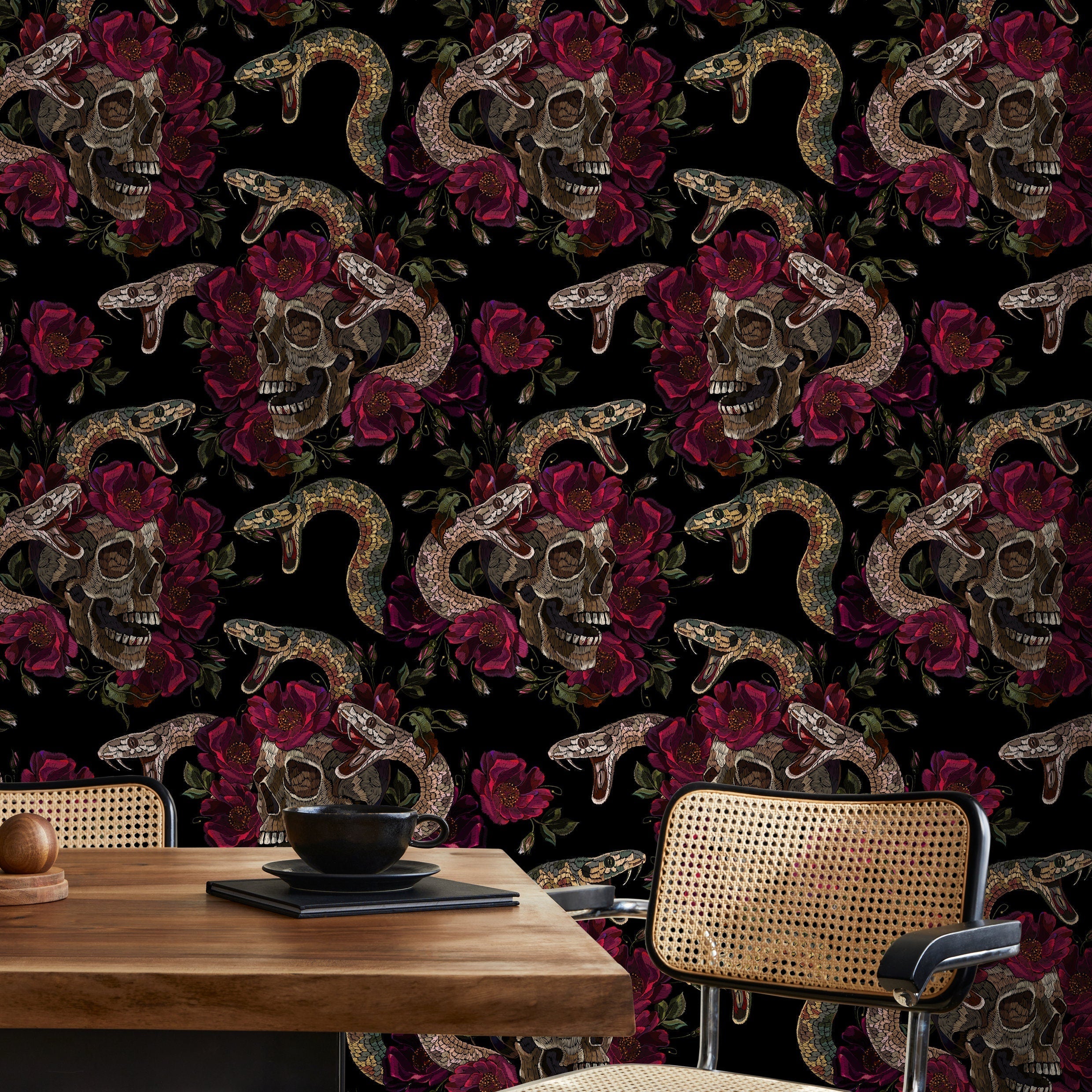 Maximalist Wallpaper With Embroidered Skulls And Snakes In Red, Brown, And Black - D903