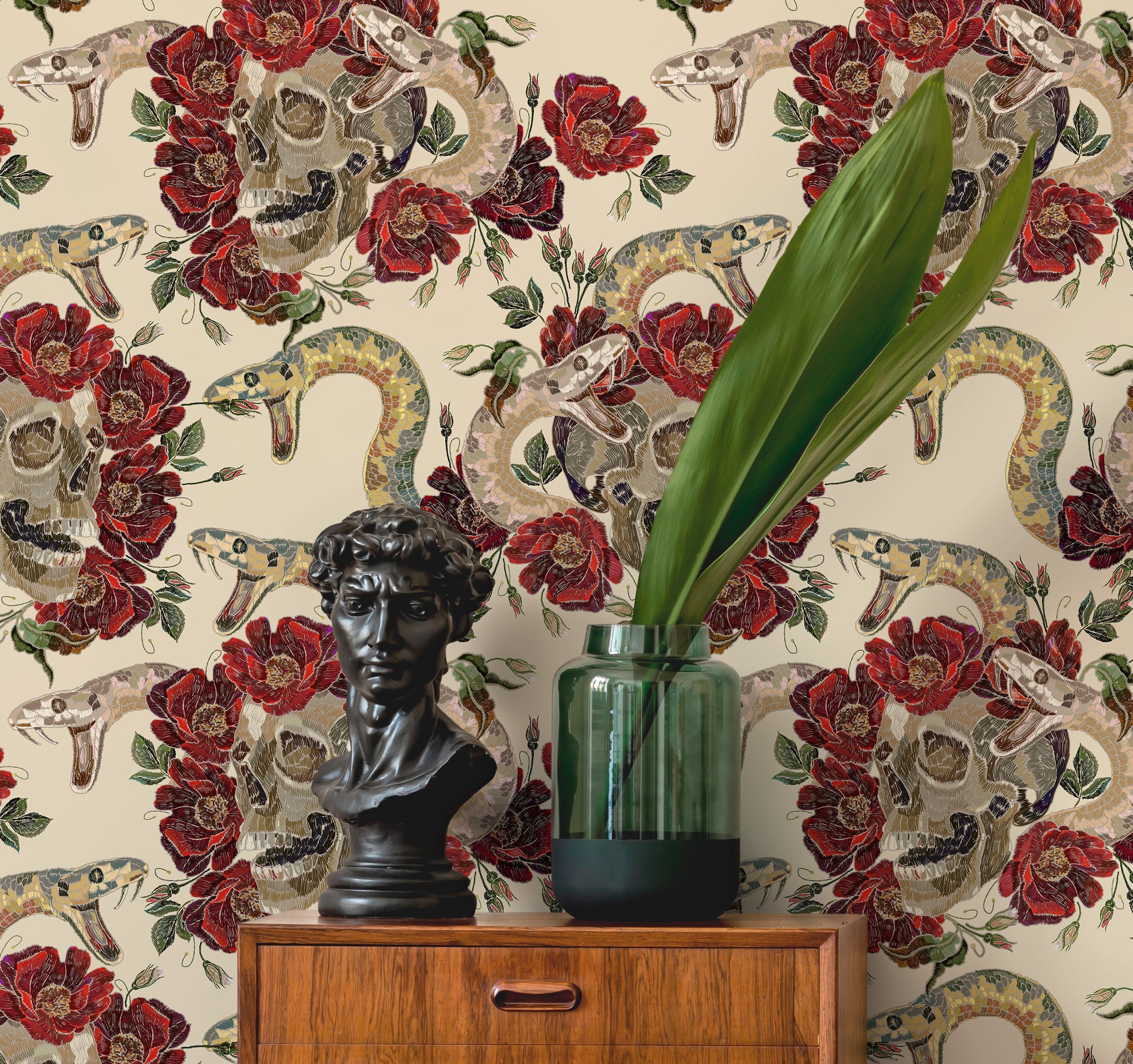 Gothic Wallpaper With An Embroidered Skull And Snake Motif In Red, Brown, And Beige - D900