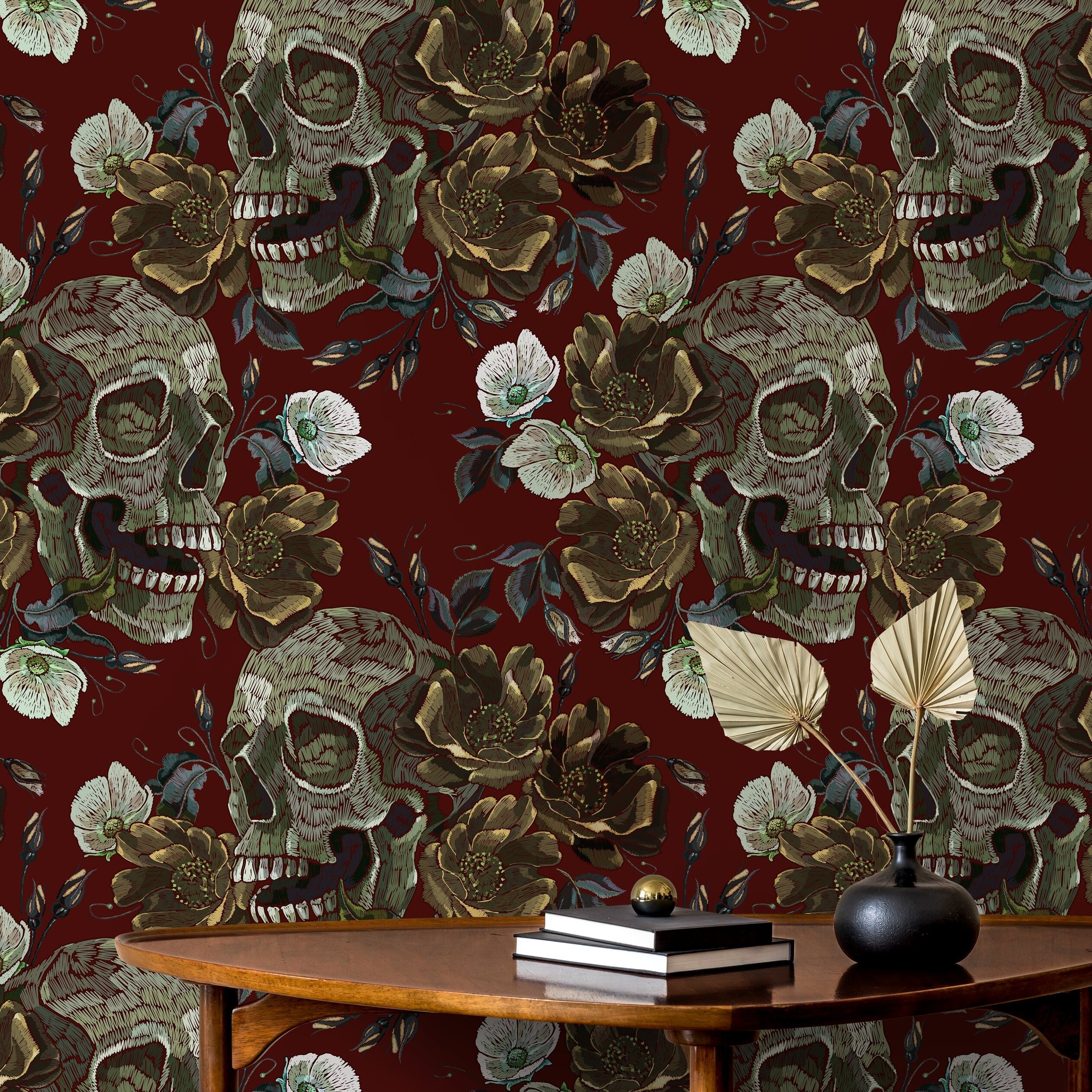Gothic Wallpaper With Embroidered Skulls And Roses In Red, Green, And Gray - D909