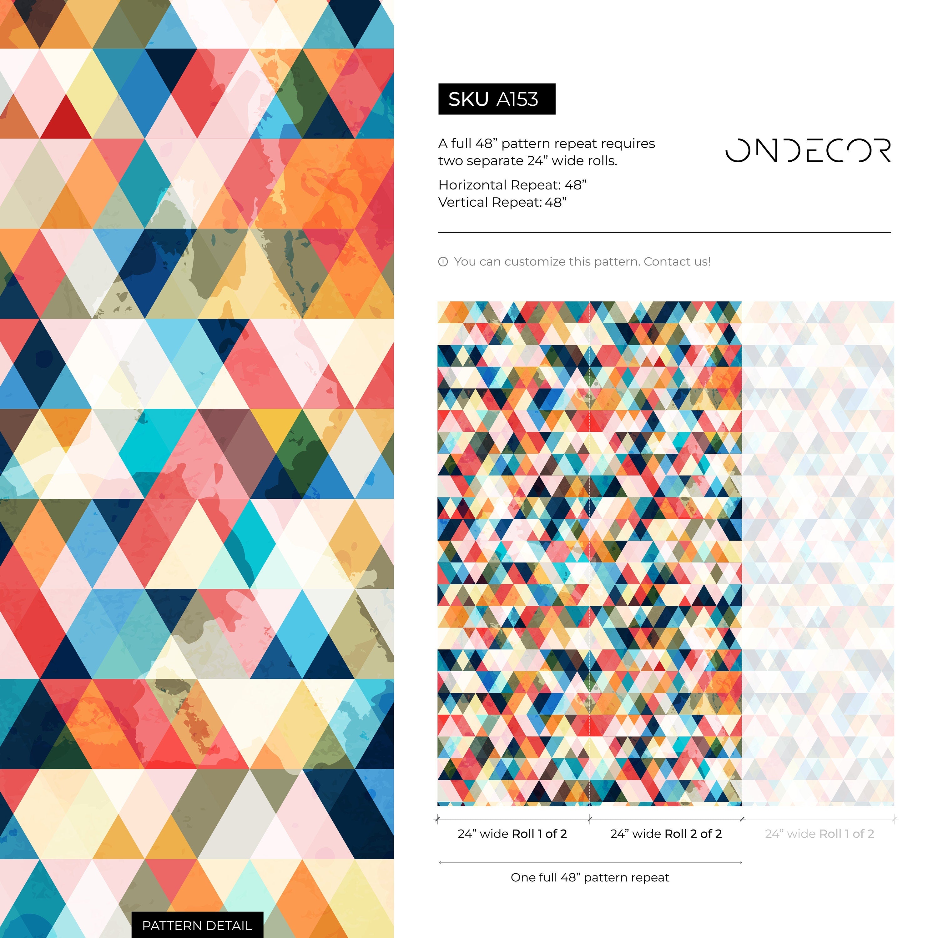 Geometric Wallpaper With A Watercolor Triangle Mosaic In Blue, Red, And Orange - A153