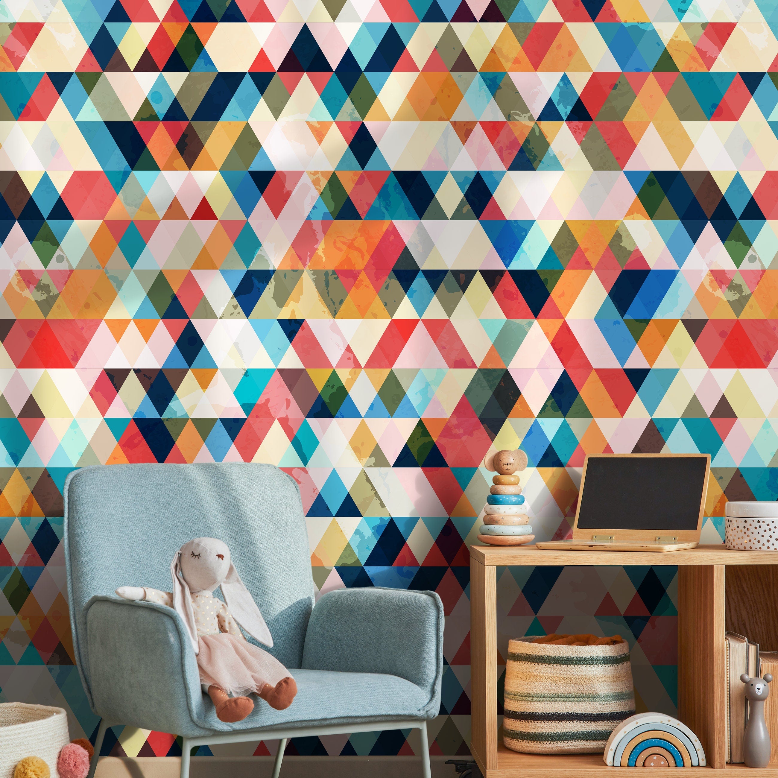 Geometric Wallpaper With A Watercolor Triangle Mosaic In Blue, Red, And Orange - A153
