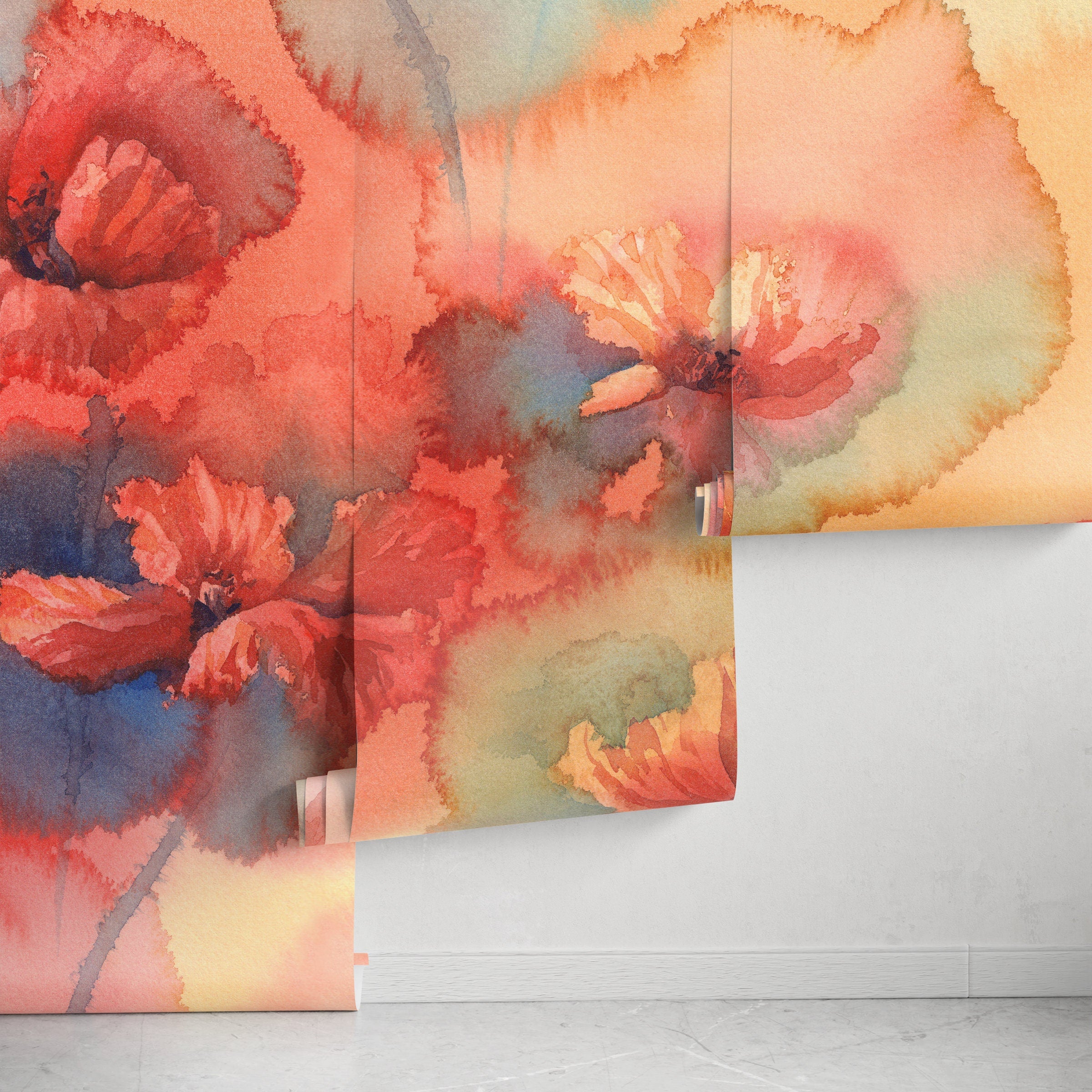Watercolor Wallpaper With A Vibrant Poppy Motif In Red, Orange, And Blue - A162