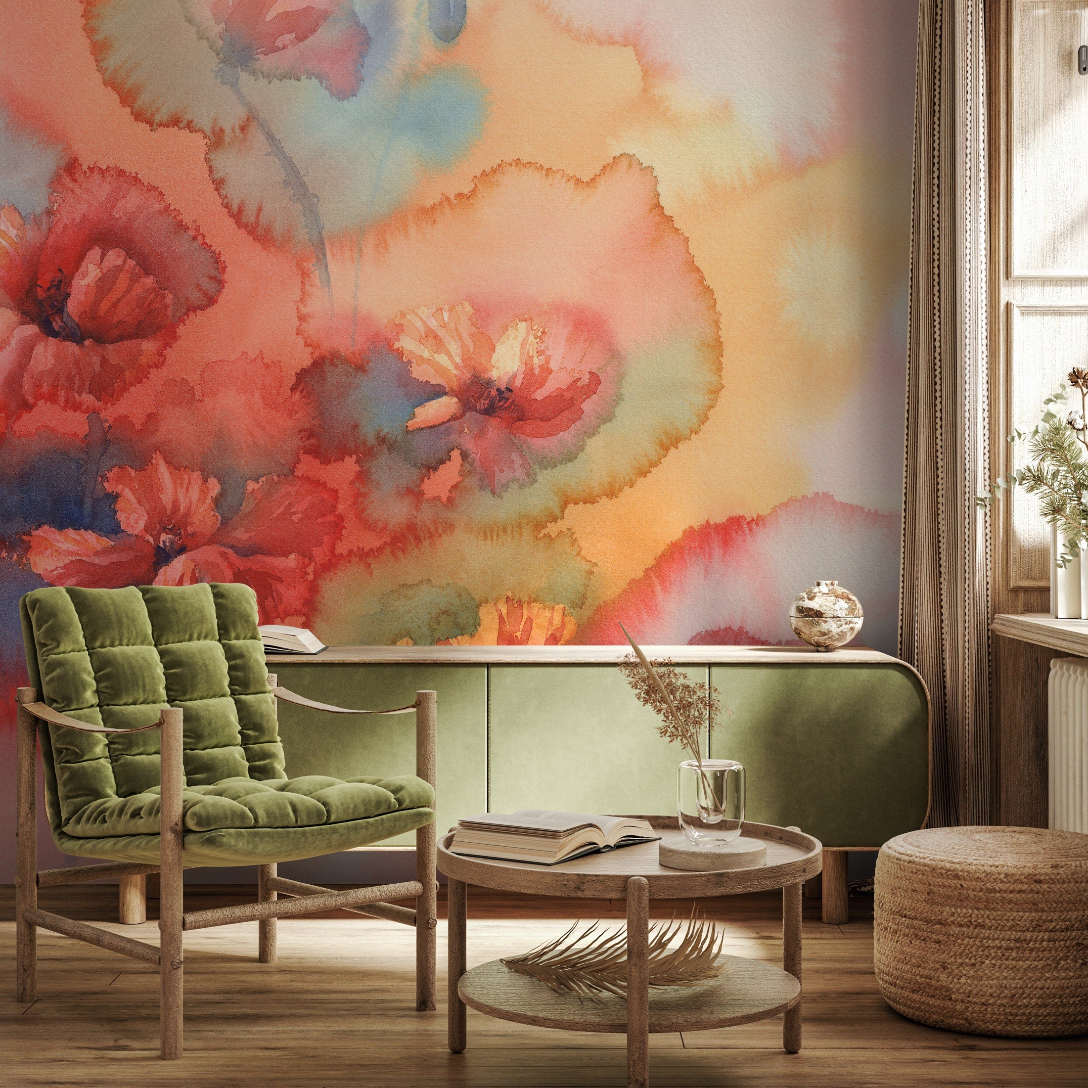 Watercolor Wallpaper With A Vibrant Poppy Motif In Red, Orange, And Blue - A162