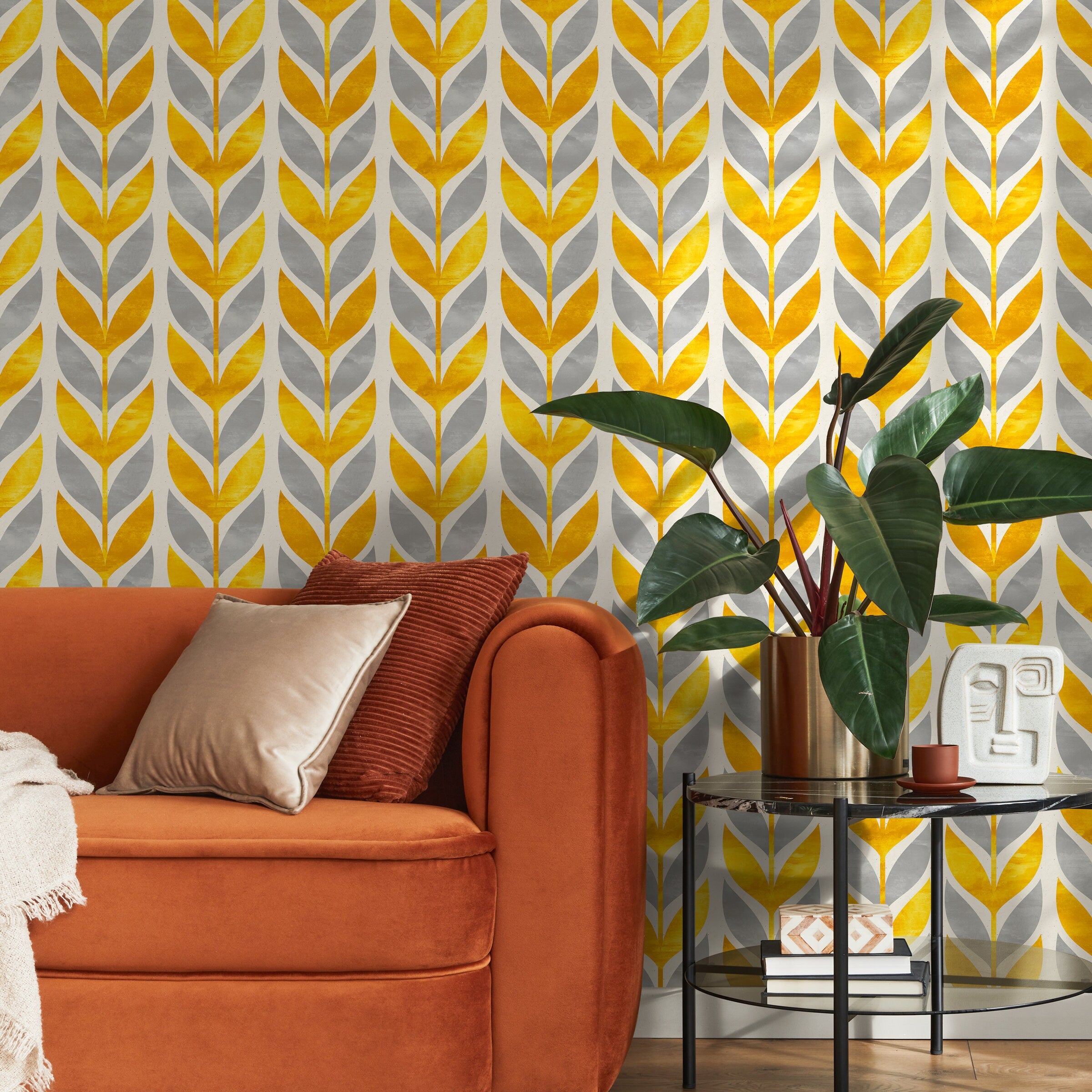 Scandinavian Wallpaper With A Stylized Leaf Motif In Yellow And Grey - A179