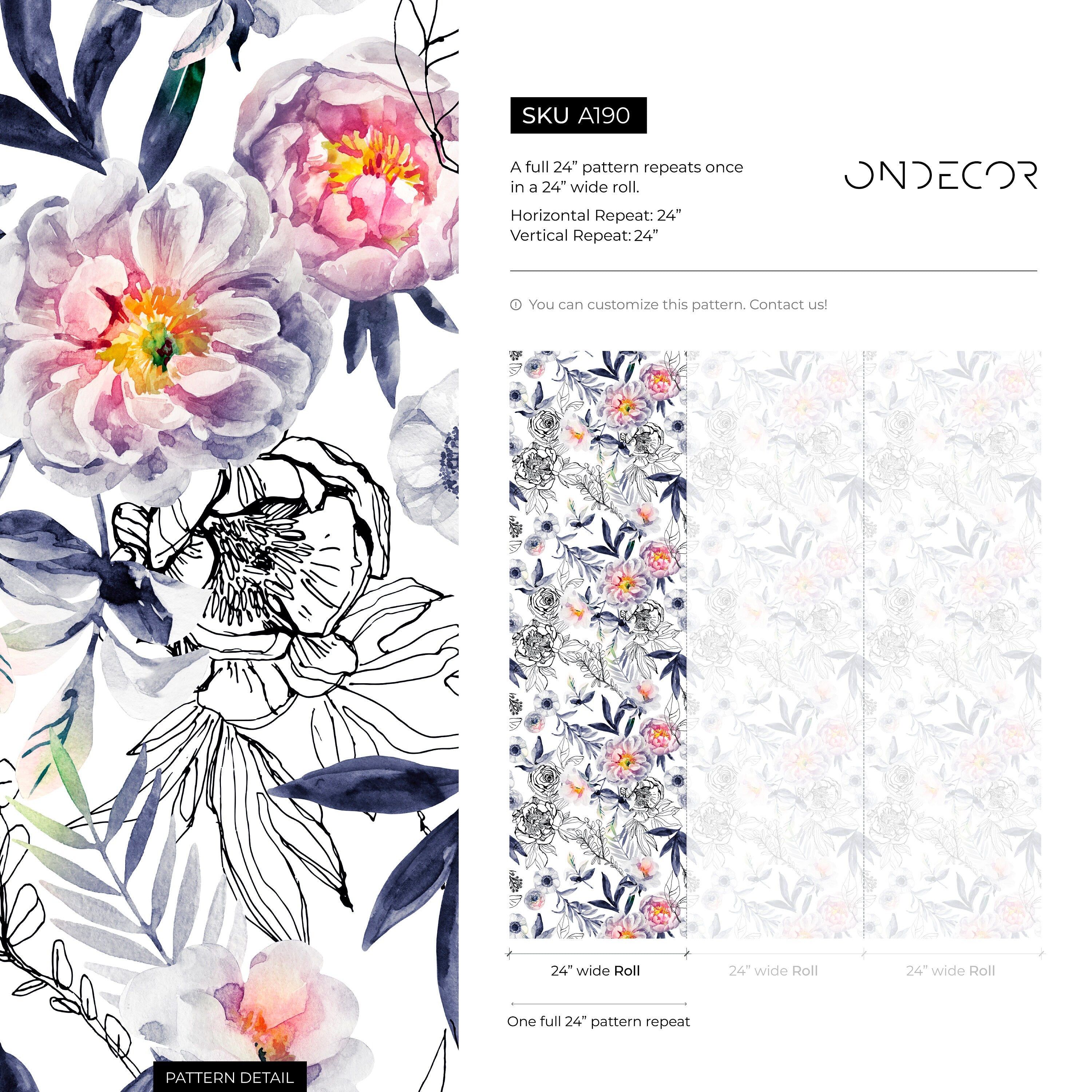 Floral Wallpaper With Watercolor And Sketch Peonies In Blue, Pink, And Black - A190
