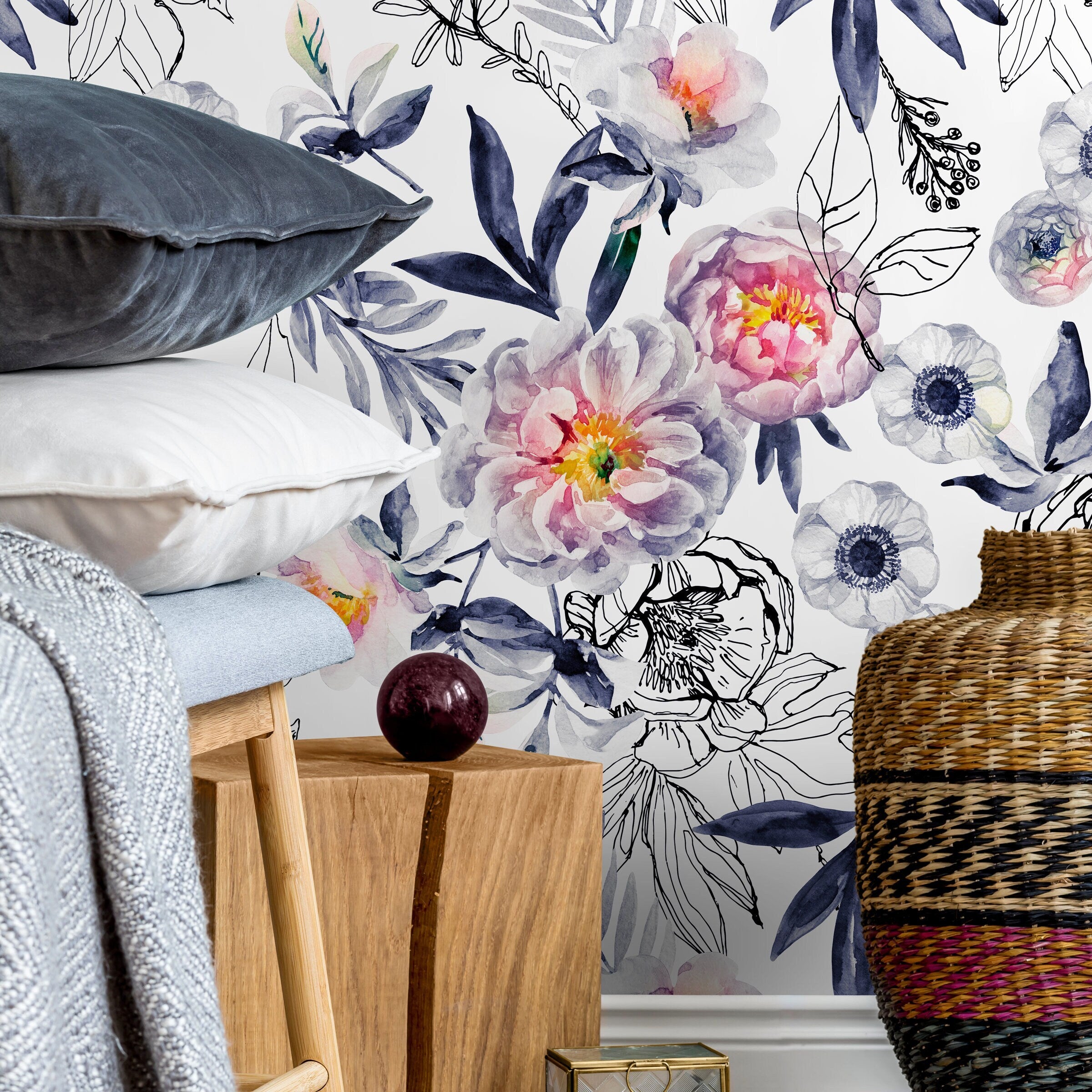 Floral Wallpaper With Watercolor And Sketch Peonies In Blue, Pink, And Black - A190