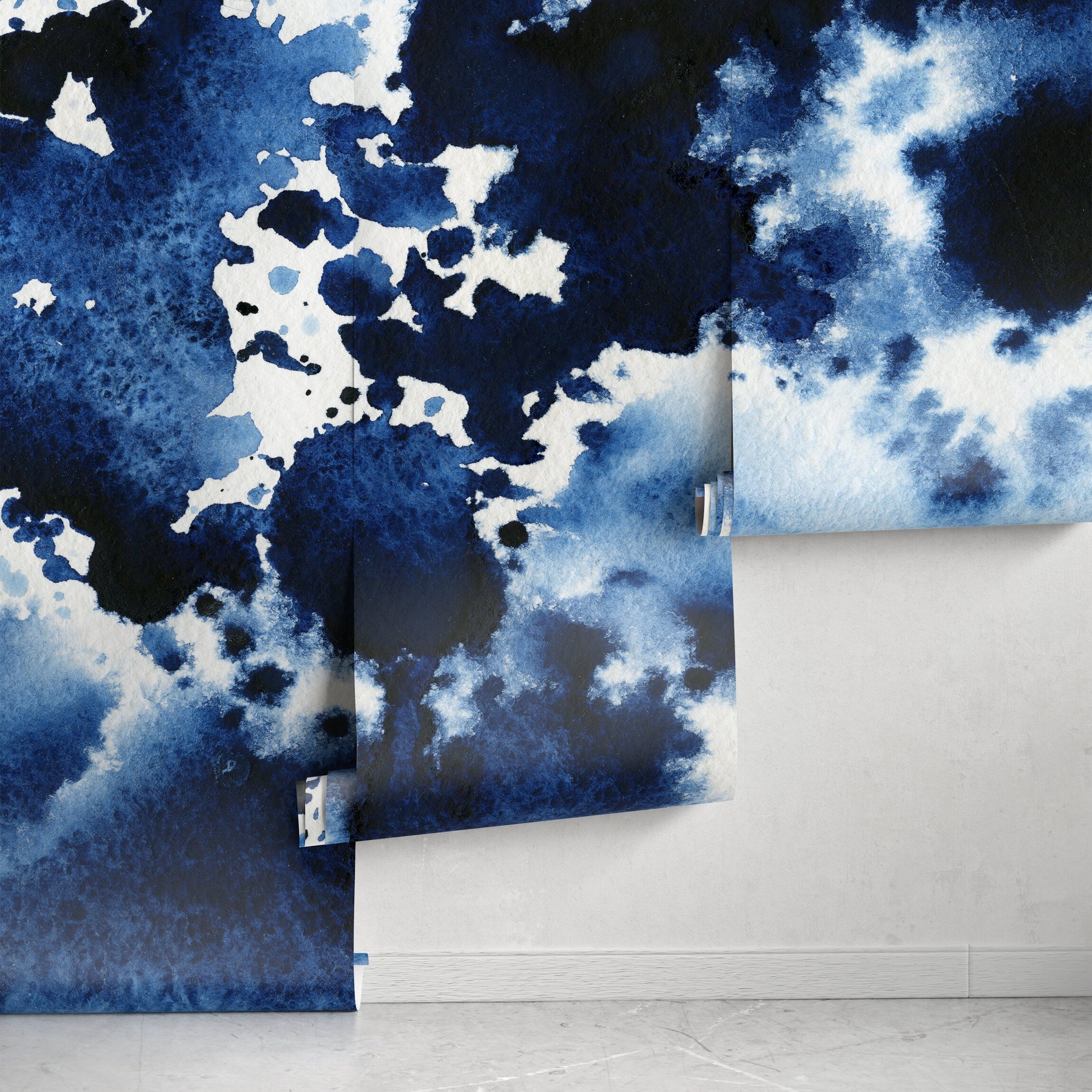 Abstract Wallpaper With An Indigo Ink Wash In Blue And Black - A223