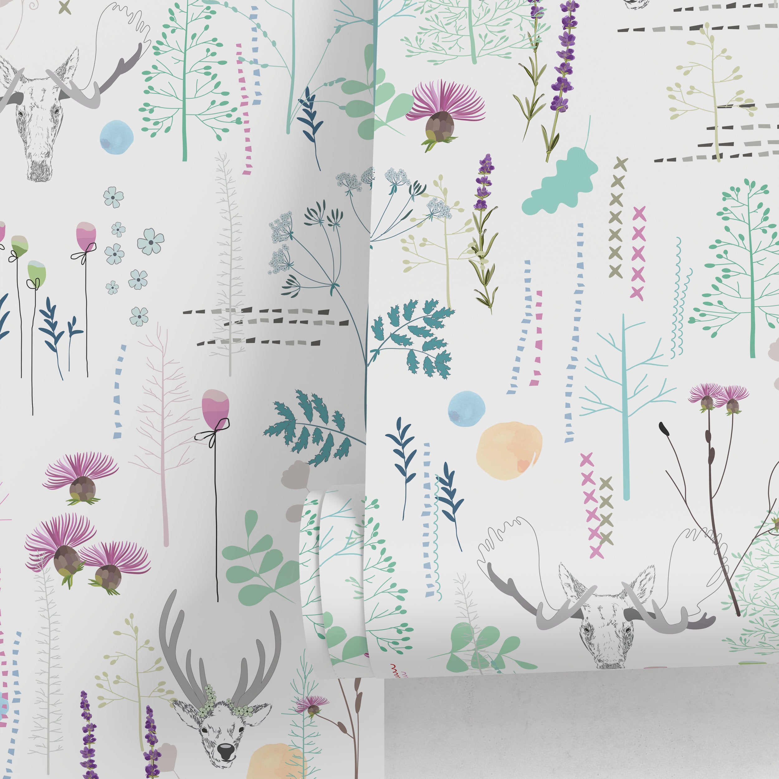 Floral Wallpaper With A Whimsical Deer Motif In Green And Purple - A303