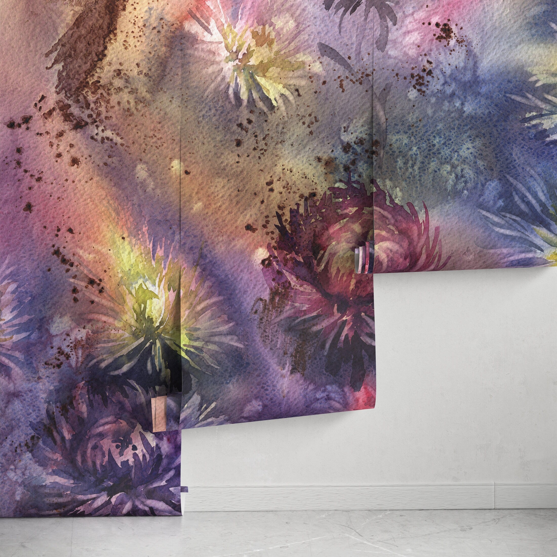 Floral Wallpaper With Abstract Aster Blooms In Purple, Pink, And Green - A313
