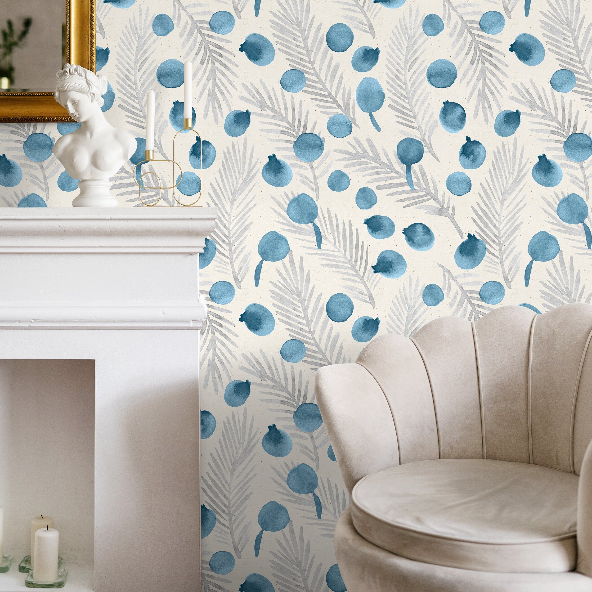 Botanical Wallpaper With Watercolor Berries And Leaves In Blue And Gray - A320