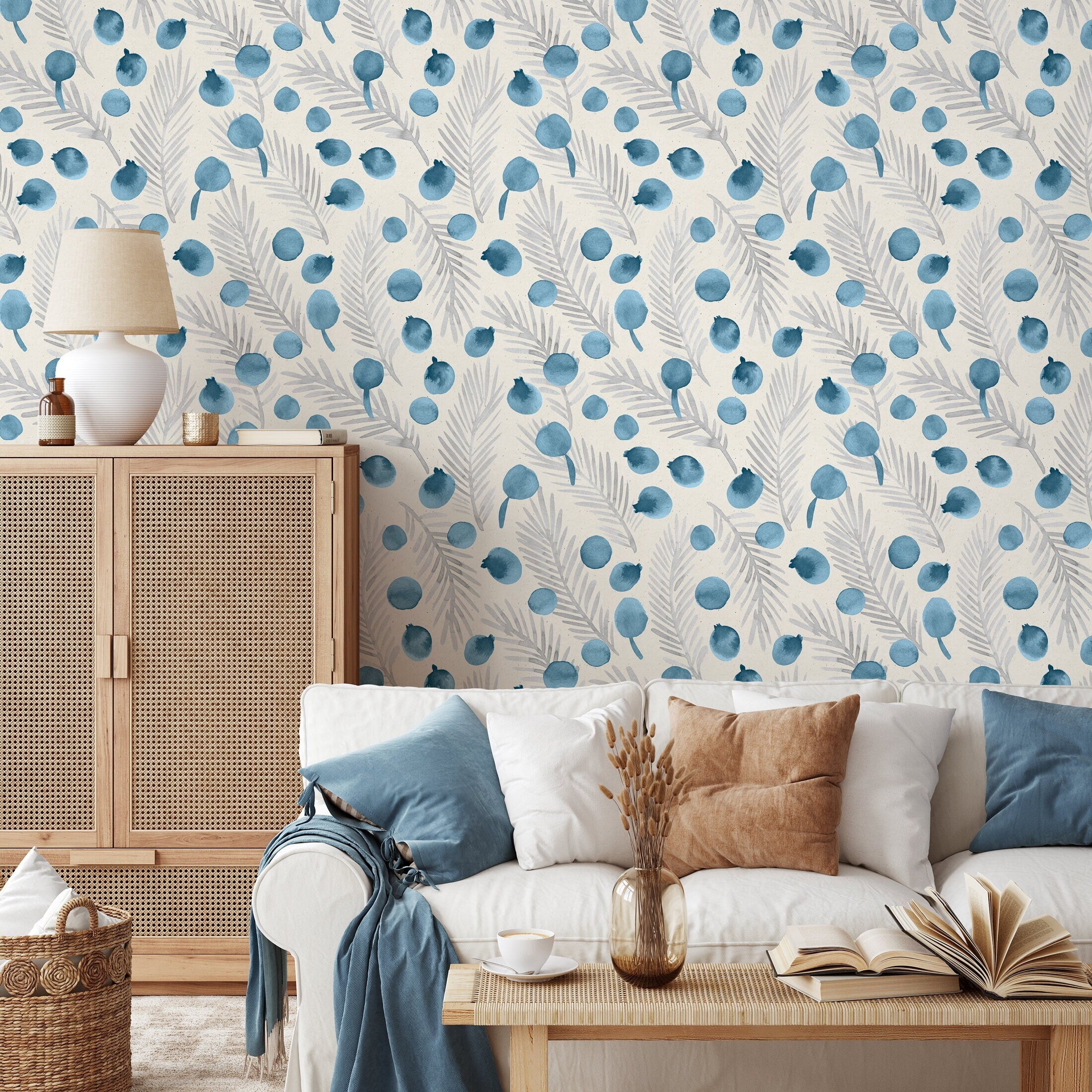 Botanical Wallpaper With Watercolor Berries And Leaves In Blue And Gray - A320
